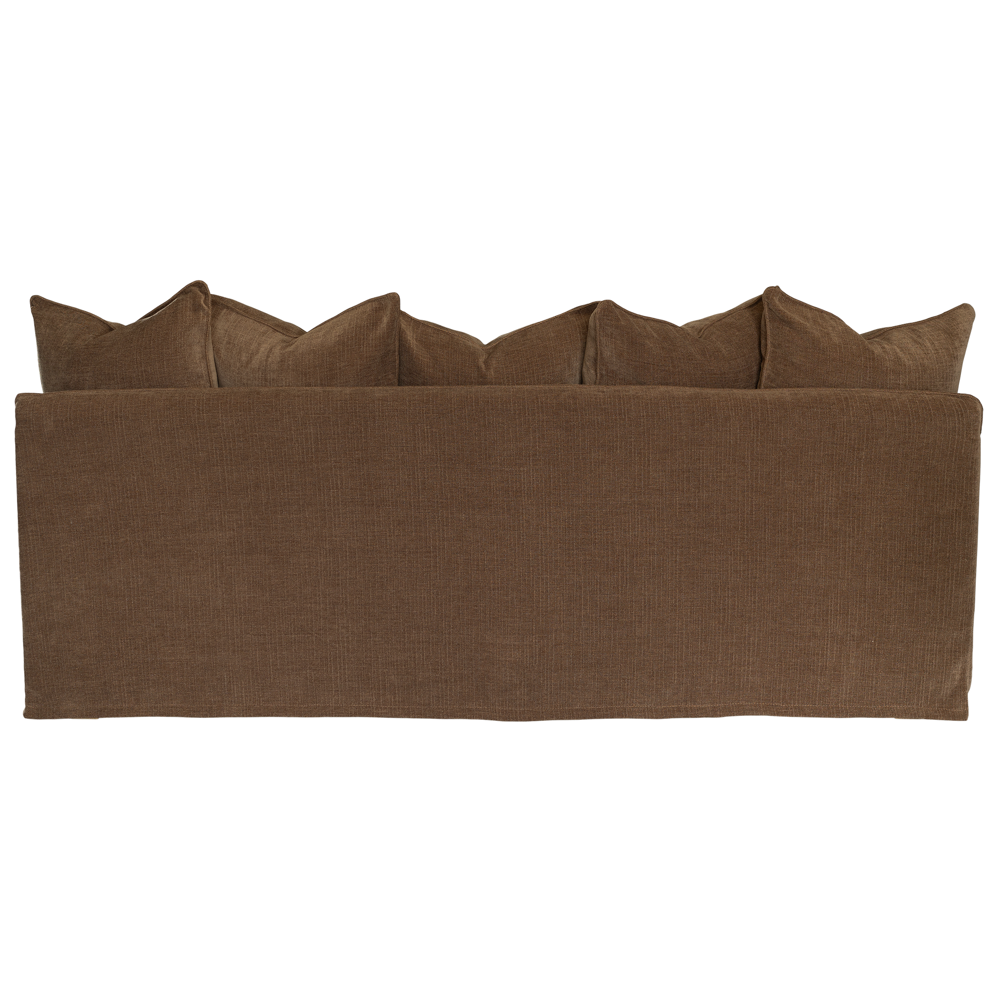 Brown upholstered sofa back view with five matching back cushions, shown against a plain white background.