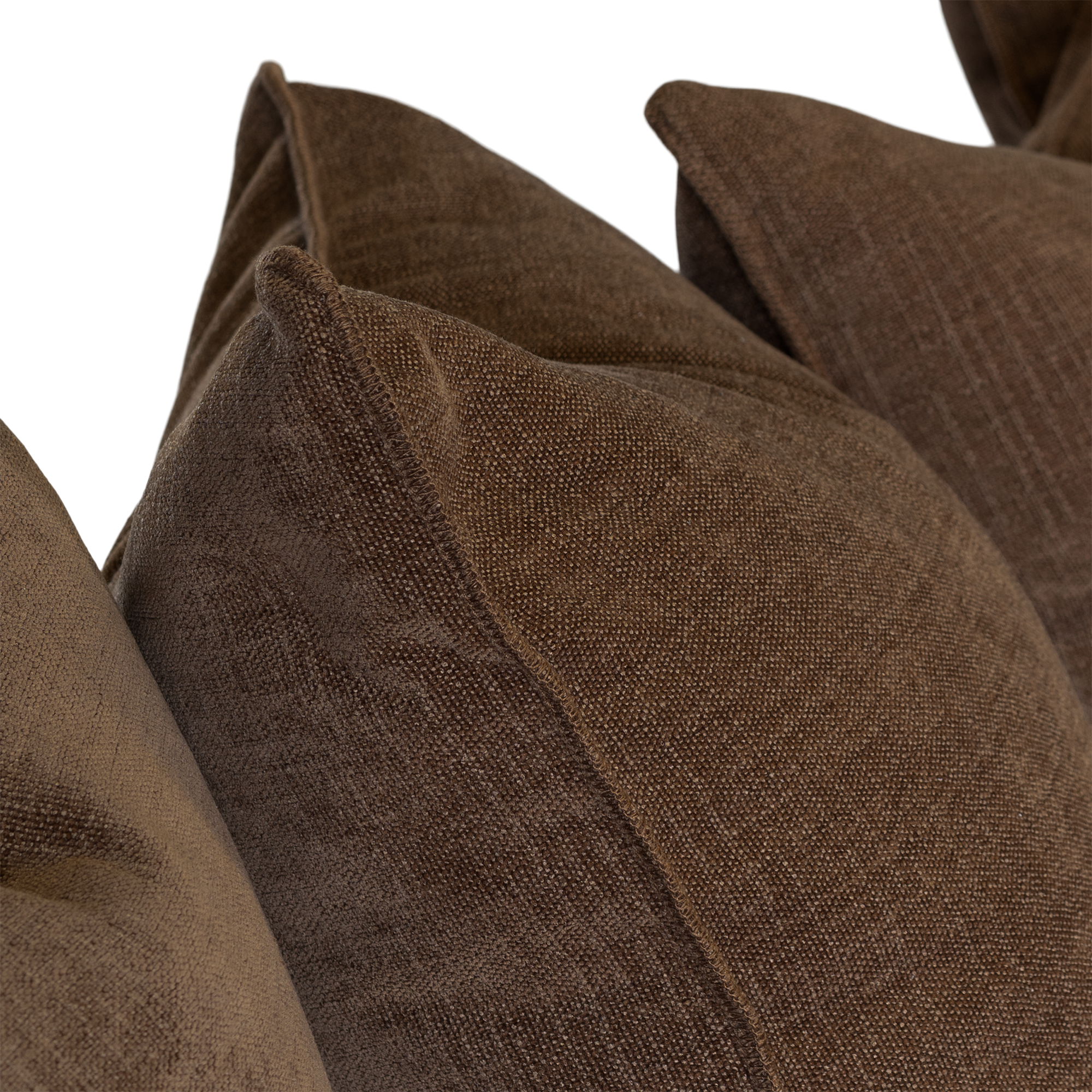 Close-up of brown textured throw pillows on a white background.