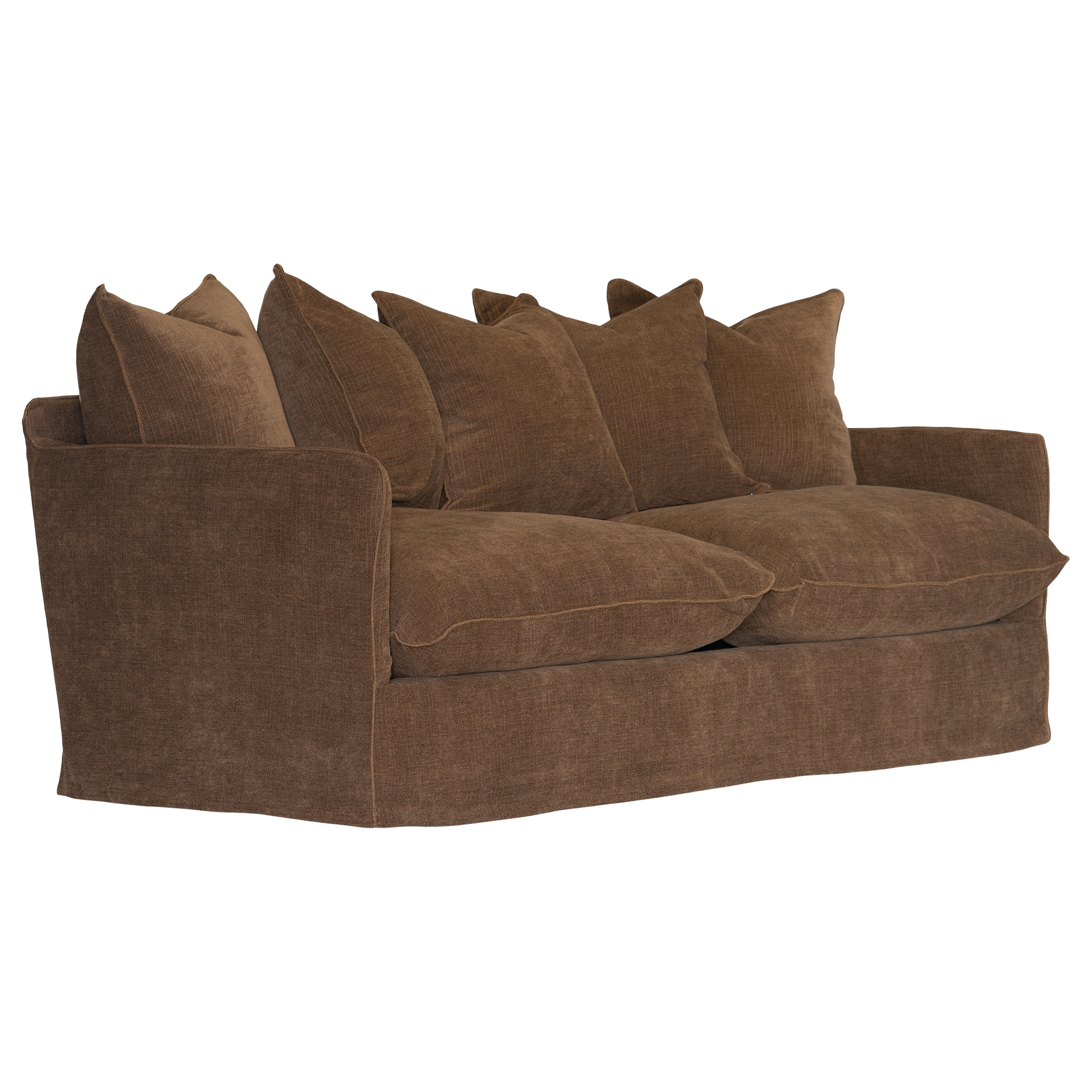 A brown slipcovered sofa with multiple matching throw pillows, shown on a plain white background.