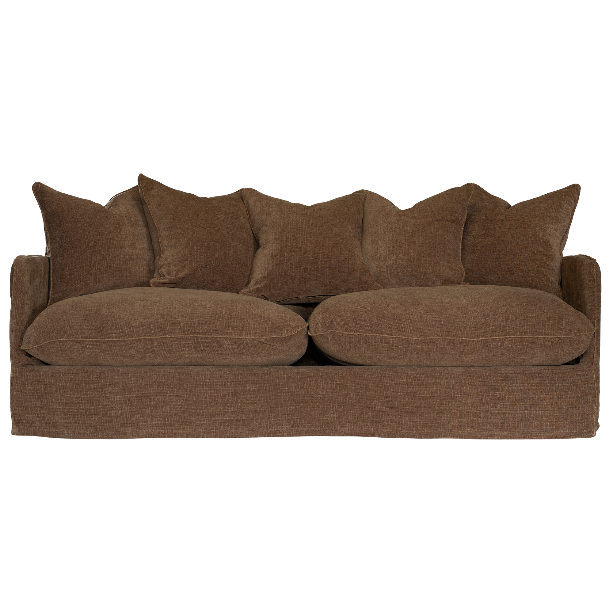 A brown upholstered sofa with a textured fabric, featuring two large seat cushions, a low-profile base, and five matching back pillows, shown against a plain white background.