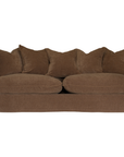 A brown upholstered sofa with a textured fabric, featuring two large seat cushions, a low-profile base, and five matching back pillows, shown against a plain white background.