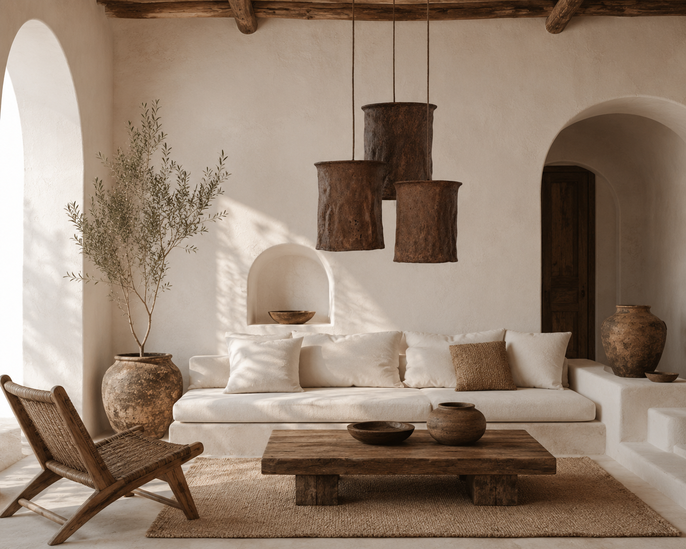 Bhodi pendant light cluster with handcrafted textured shades suspended above a timber coffee table in a warm Mediterranean inspired living room.