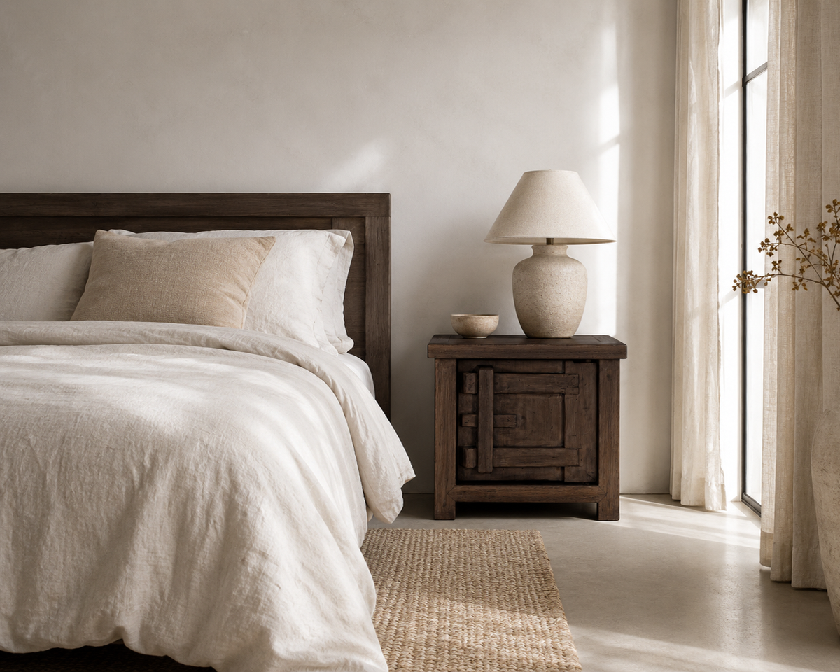 Bulu Bedside in Chocolate Elm styled beside a timber bed in a warm neutral bedroom with natural linen, soft sunlight and earthy textures.