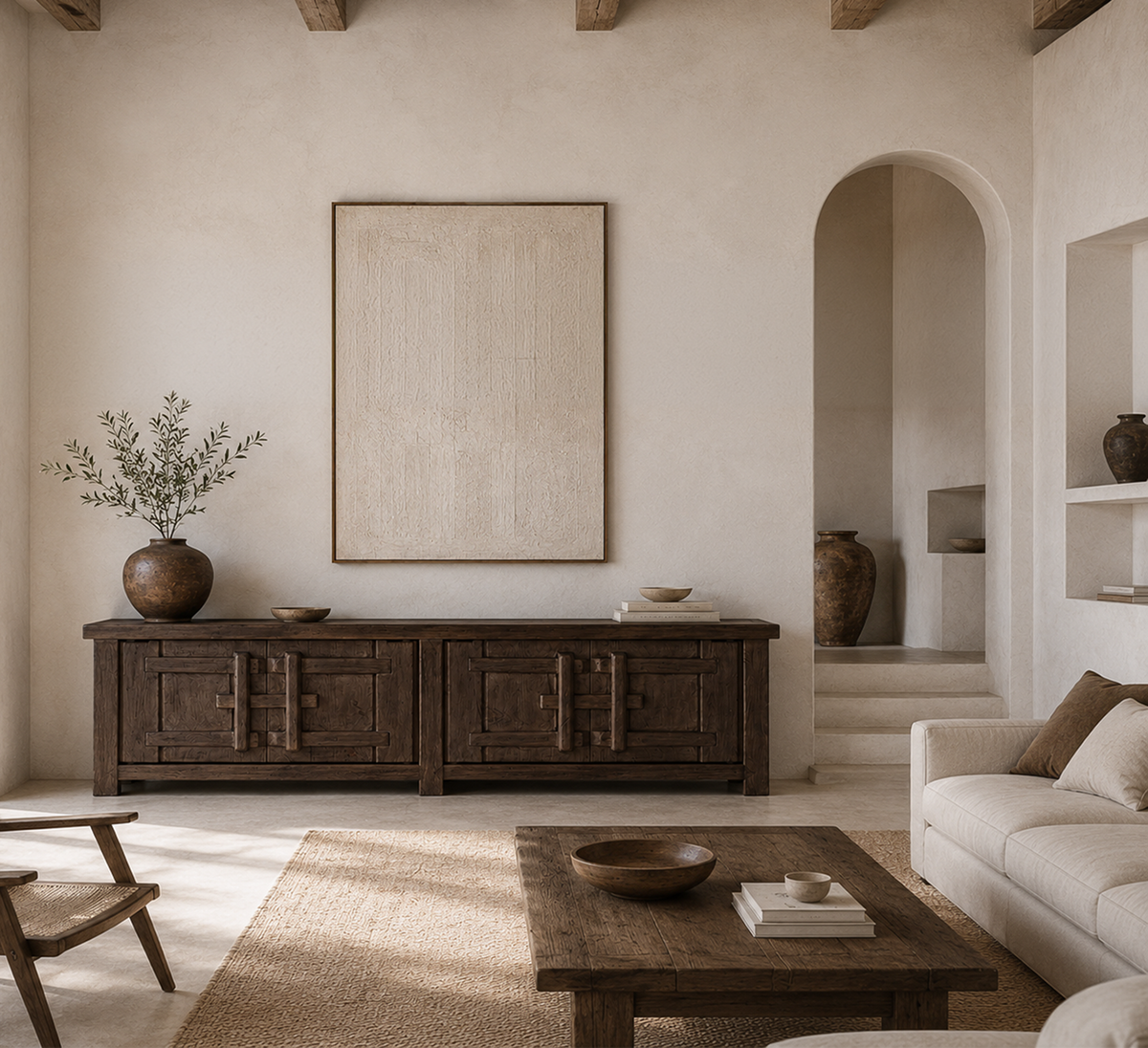 Bulu Four Door Entertainment Unit in Chocolate Elm styled in a warm neutral living room with sculptural ceramics, natural textures and arched architecture.