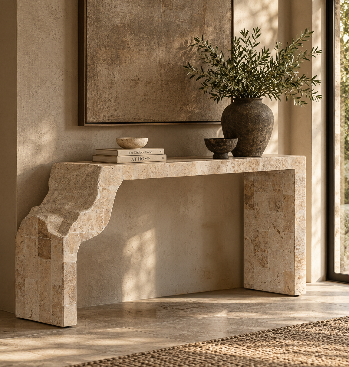 Uniqwa Collections Duna Console in Fossil Stone, featuring an asymmetrical sculptural form styled with decorative vessels, books and greenery in a warm, naturally lit interior.
