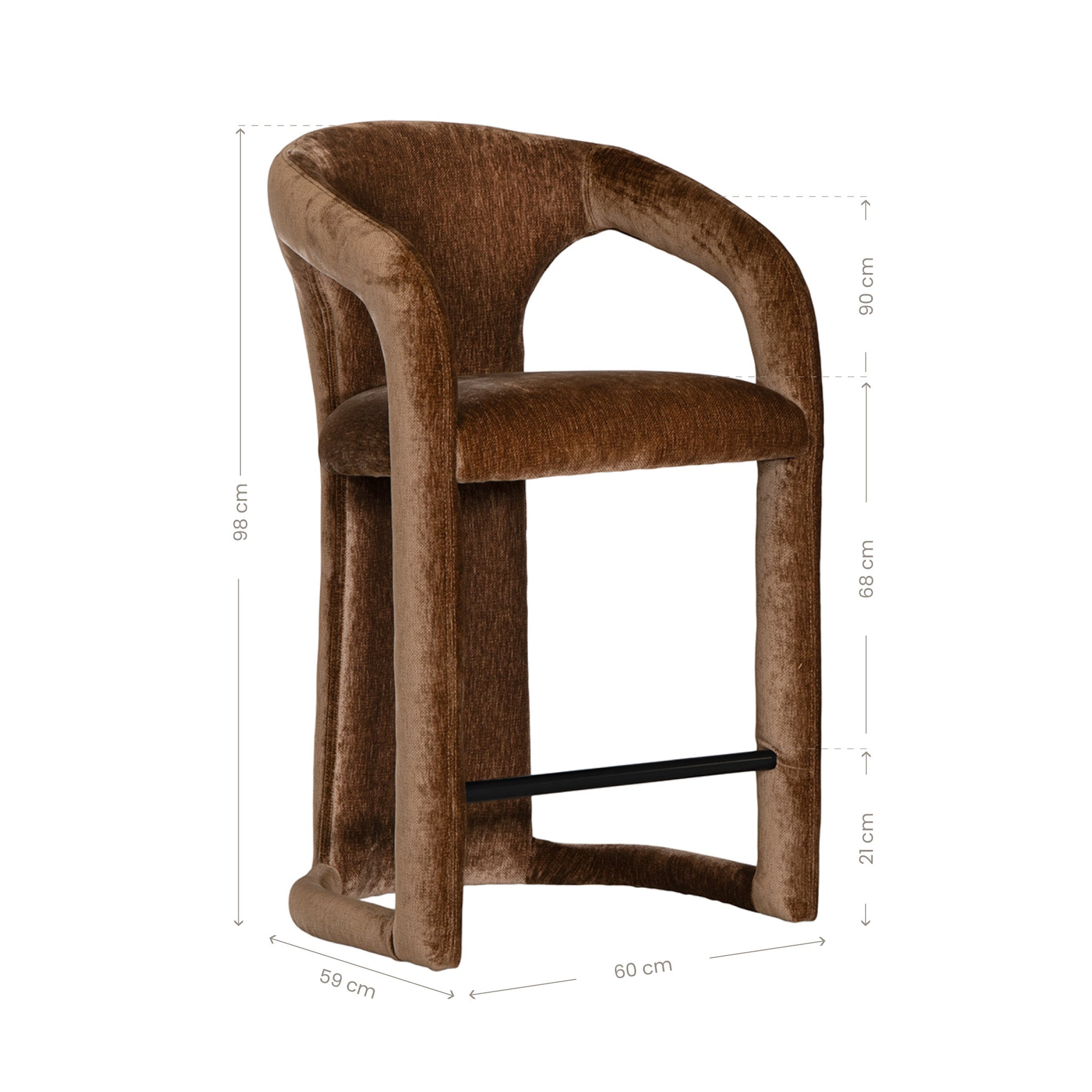 Fikile barchair in bronze with a curved upholstered frame, rounded backrest and integrated footrest detail.