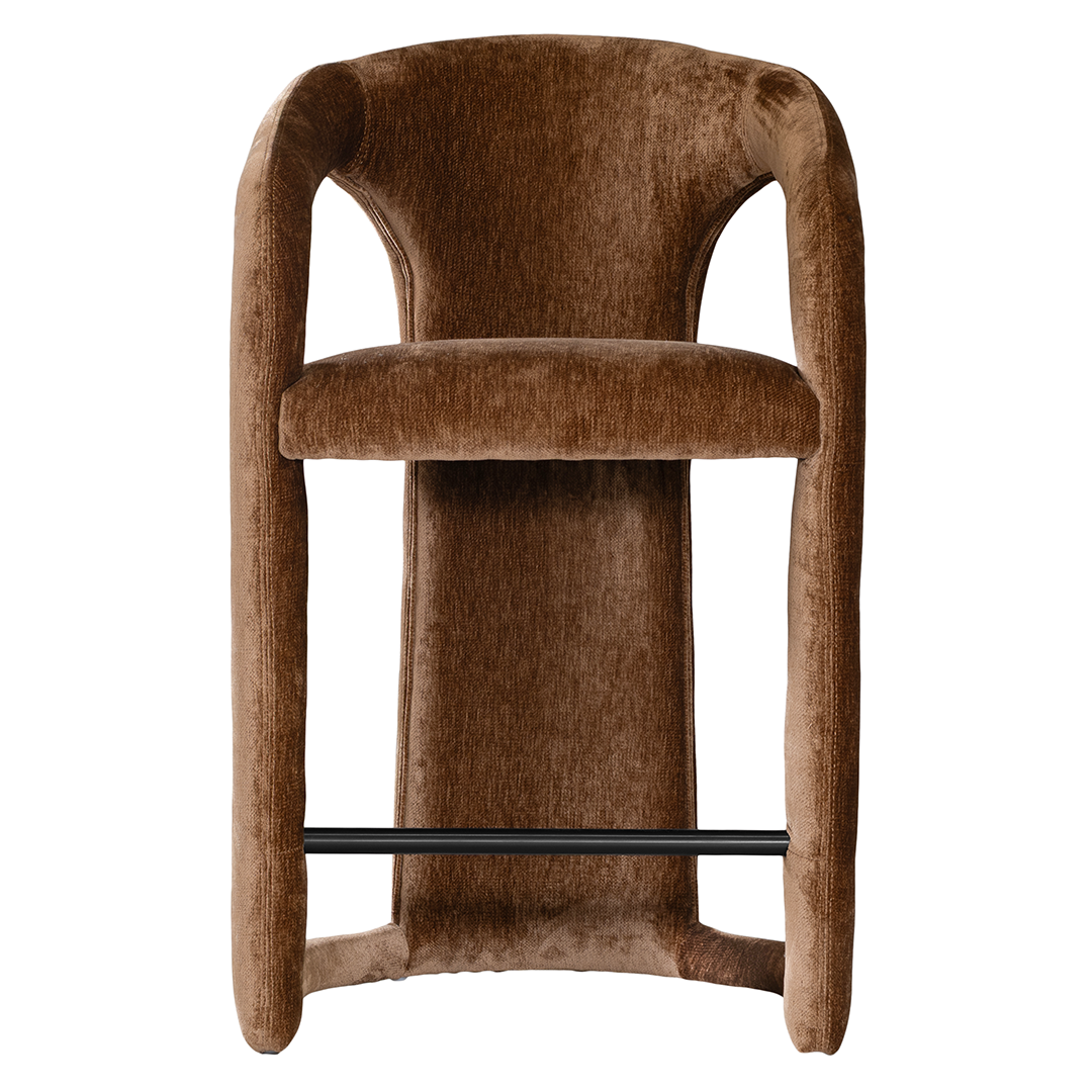 Fikile barchair in bronze with a curved upholstered frame, rounded backrest and integrated footrest detail.