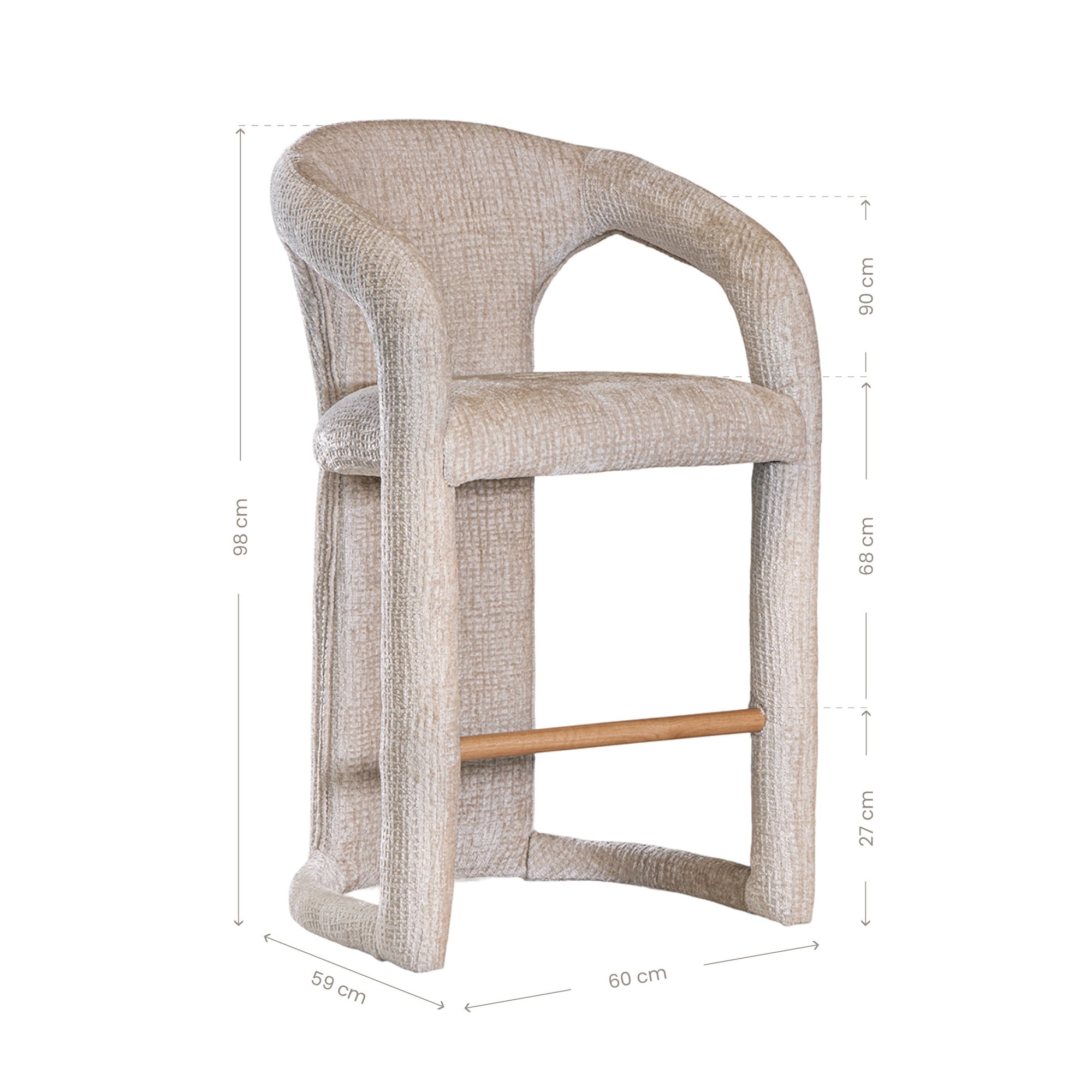 Fikile bar chair in sand mirage upholstery with a sculptural curved frame and integrated timber footrest detail.