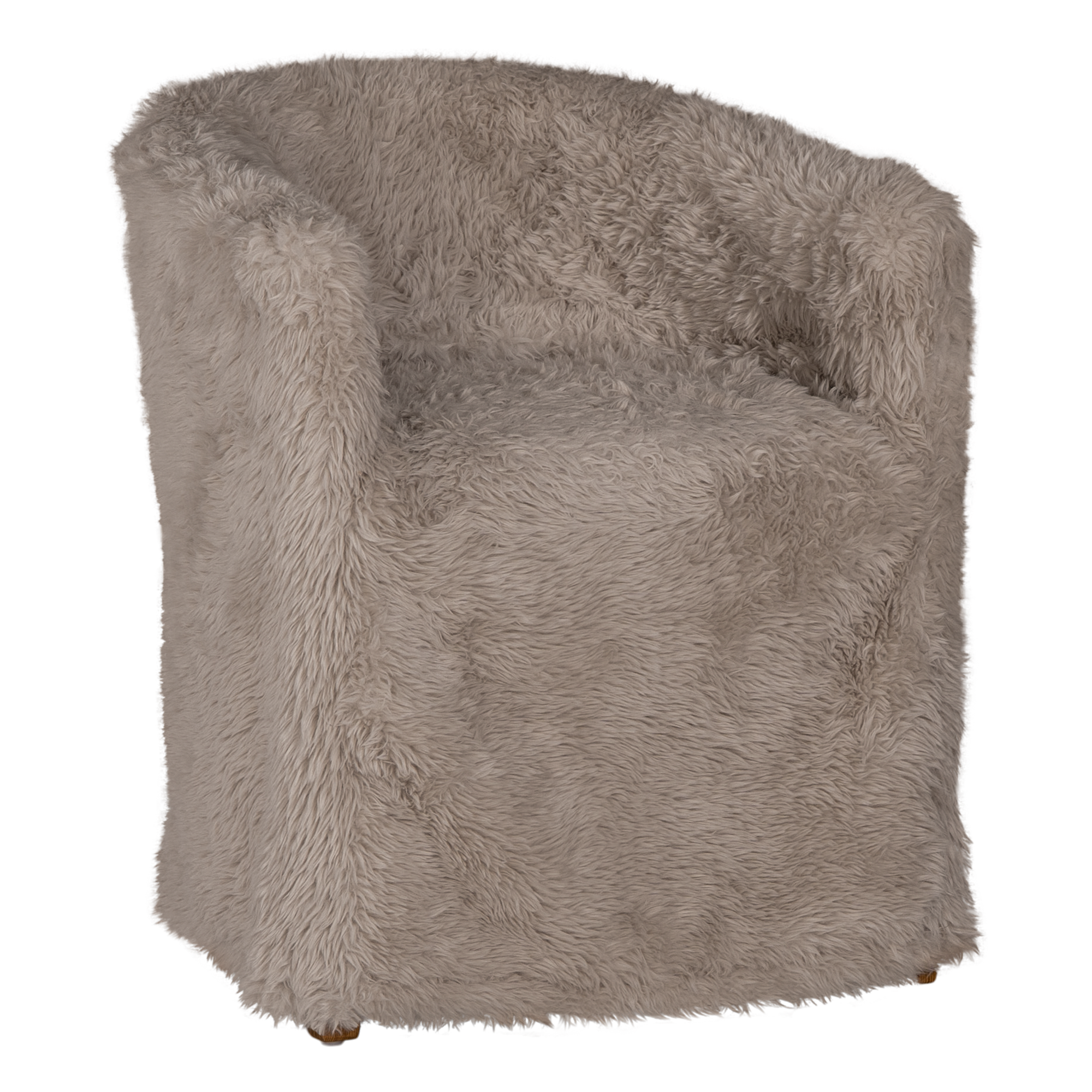 Hamilton Dining Chair upholstered in biscuit faux fur with a curved wraparound backrest, fully upholstered silhouette and plush seat shown from an angled front view.