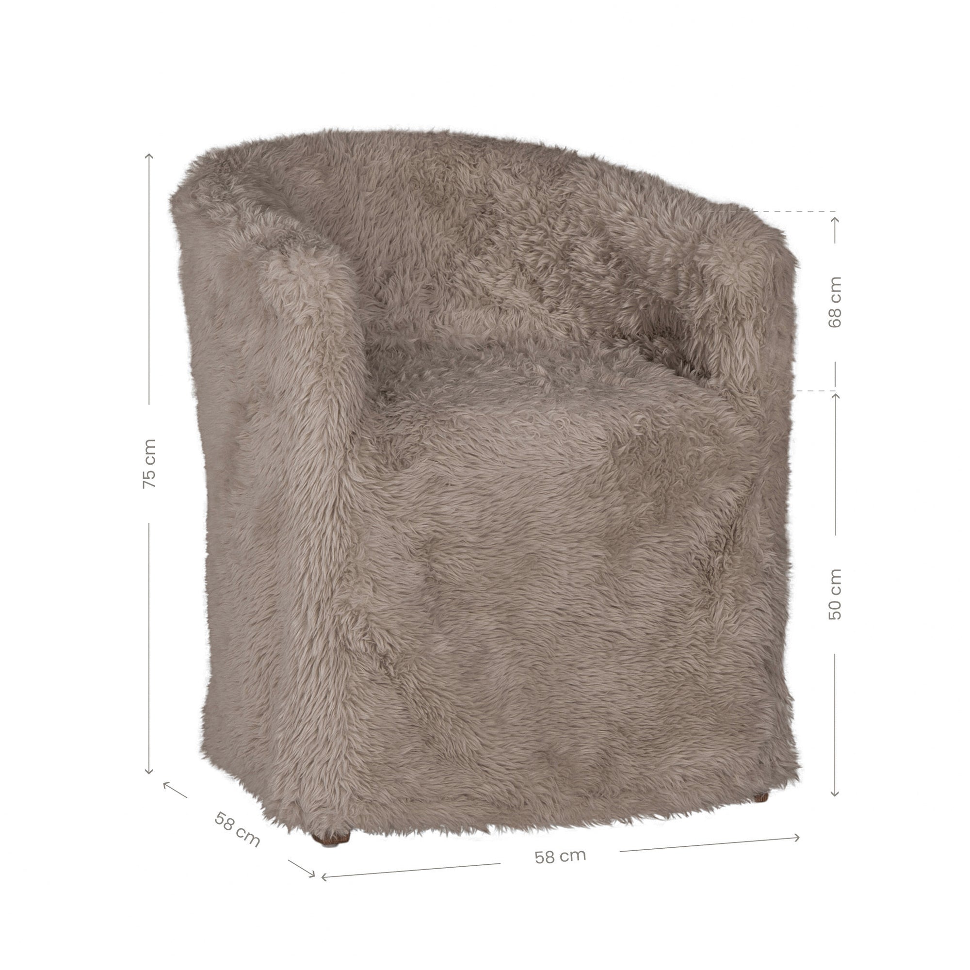 Hamilton Dining Chair upholstered in biscuit faux fur with overall dimensions shown, featuring a curved wraparound backrest, plush seat and fully upholstered silhouette.