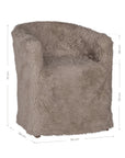 Hamilton Dining Chair upholstered in biscuit faux fur with overall dimensions shown, featuring a curved wraparound backrest, plush seat and fully upholstered silhouette.