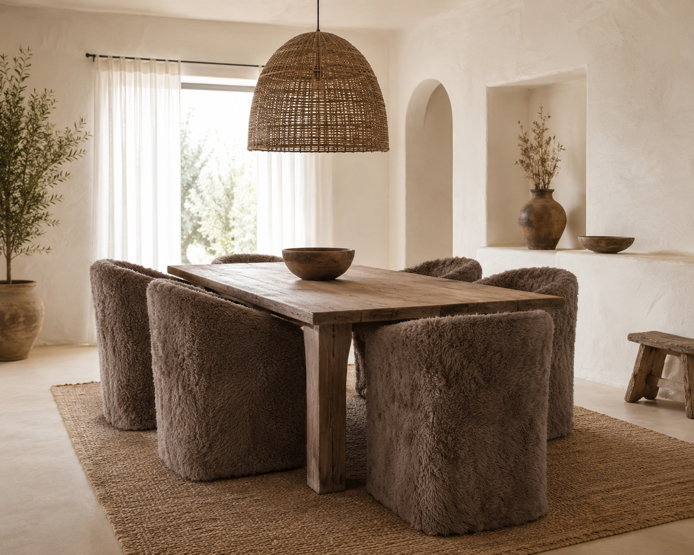 Hamilton dining chairs in Fur Luxe Chocolate upholstered in plush textured fabric styled around a rustic timber dining table beneath a woven pendant light.