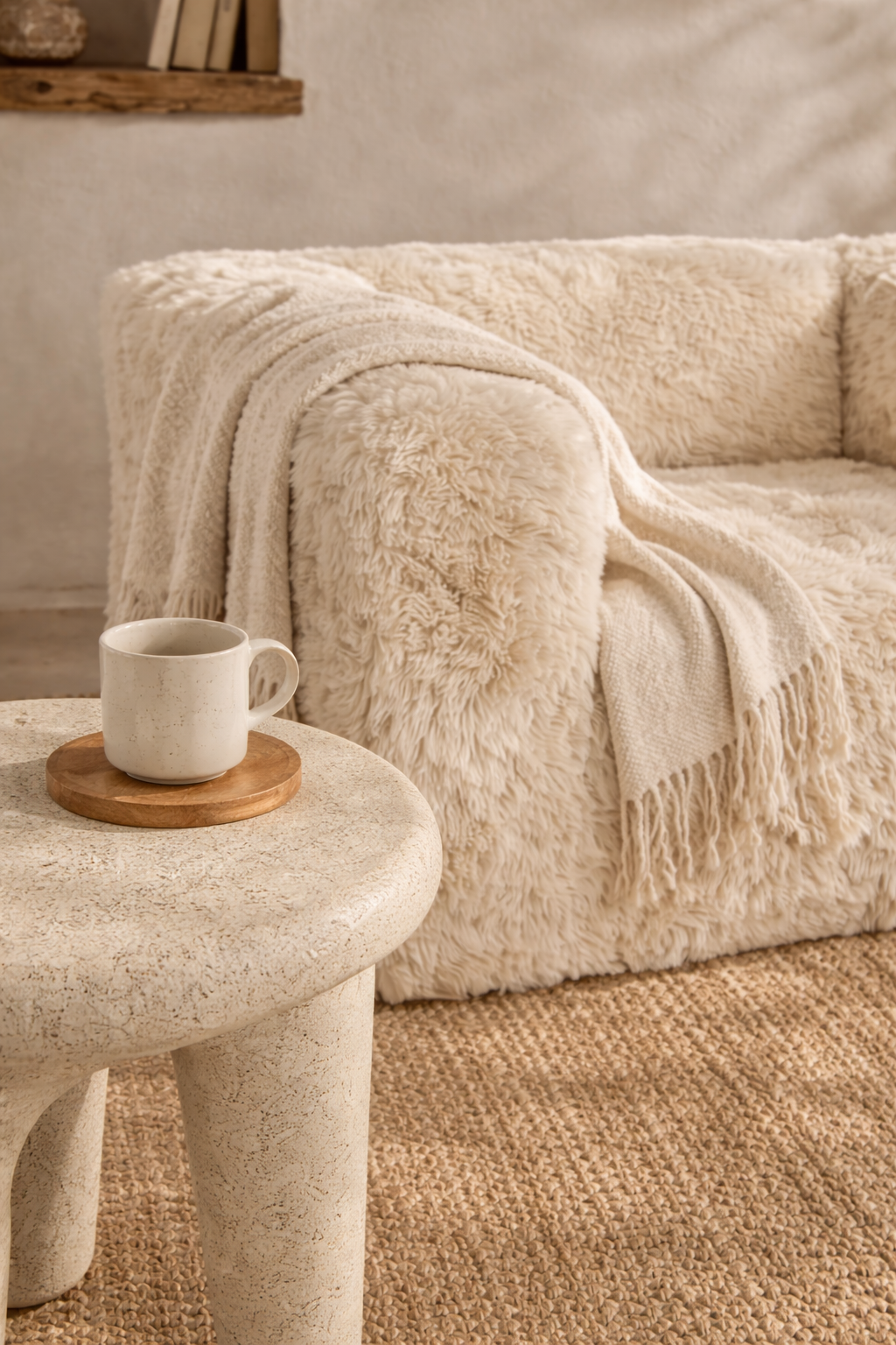 A cream-colored, shaggy faux-fur armchair styled in a warm, rustic room with a matching woven rug, a small stone side table, and a vase of dried grass.