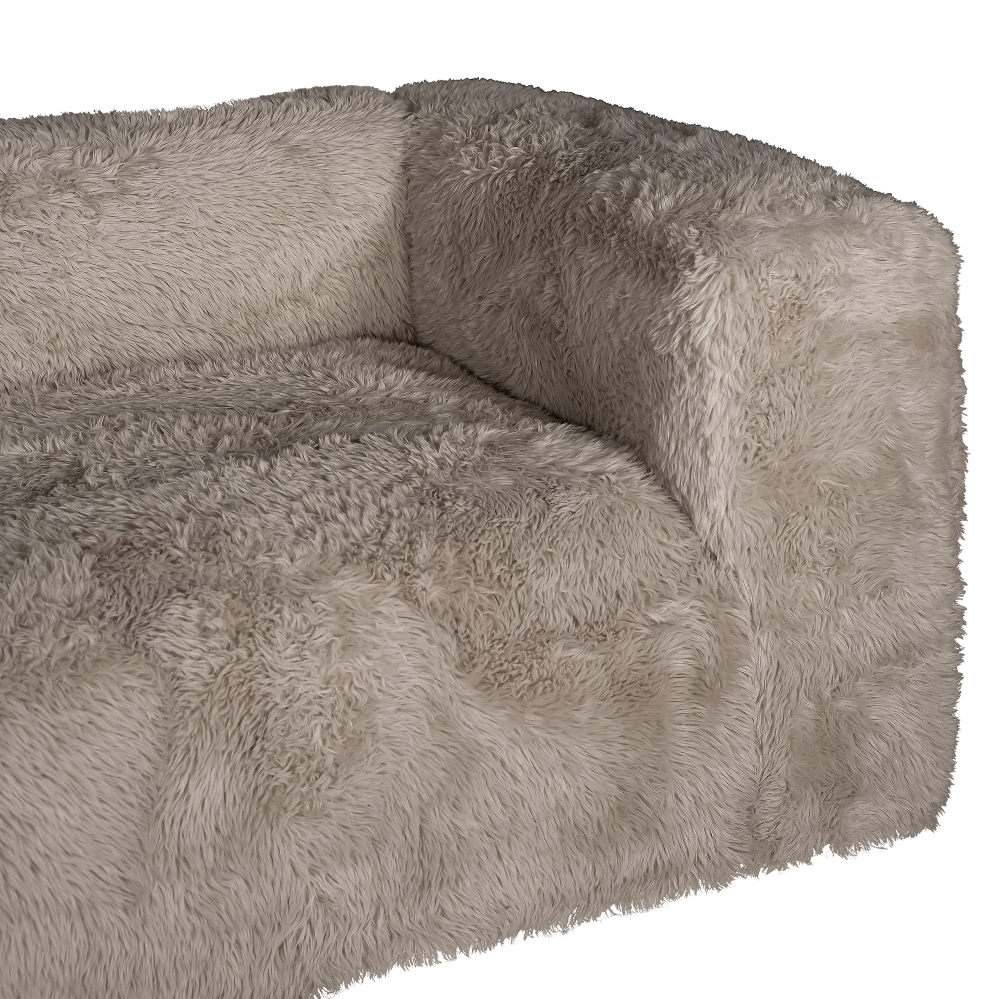 Close up detail of the Harlow Sofa highlighting the rounded arm, deep seat cushion and biscuit faux fur upholstery with a soft textured finish.
