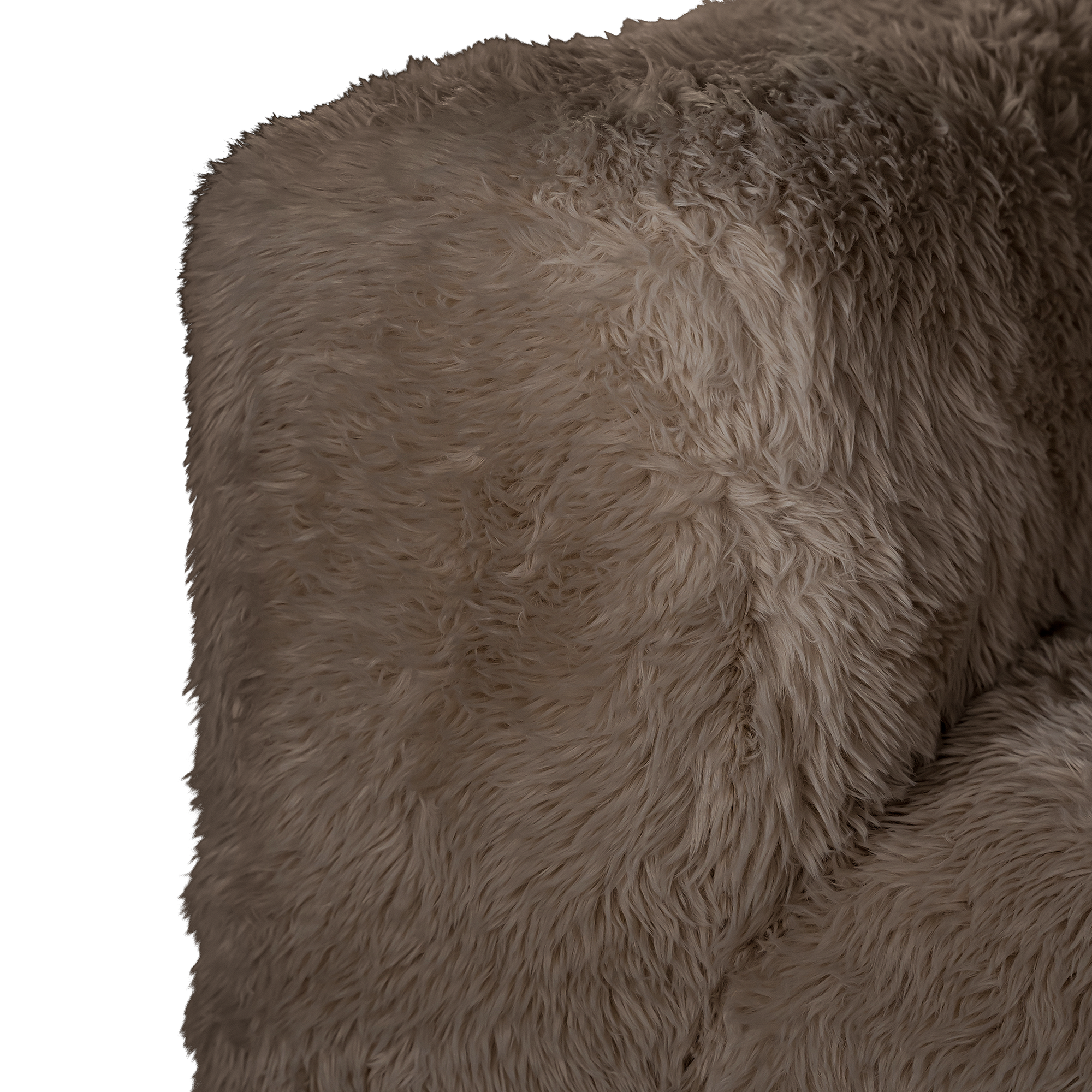 Close up of the Harlow three seater sofa armrest showcasing the plush chocolate faux fur upholstery, rounded profile and soft textured finish.
