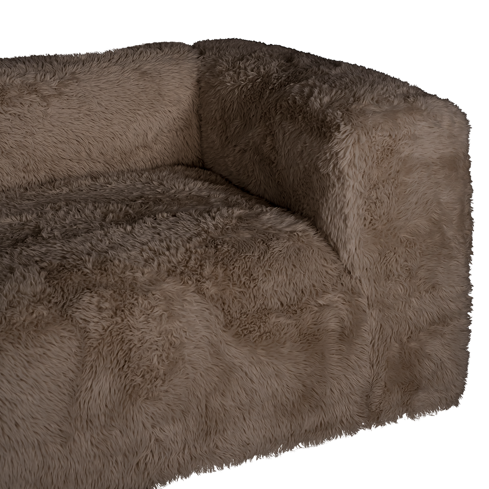 Close up of the Harlow three seater sofa highlighting the plush chocolate faux fur seat cushion, rounded armrest and softly textured upholstery.