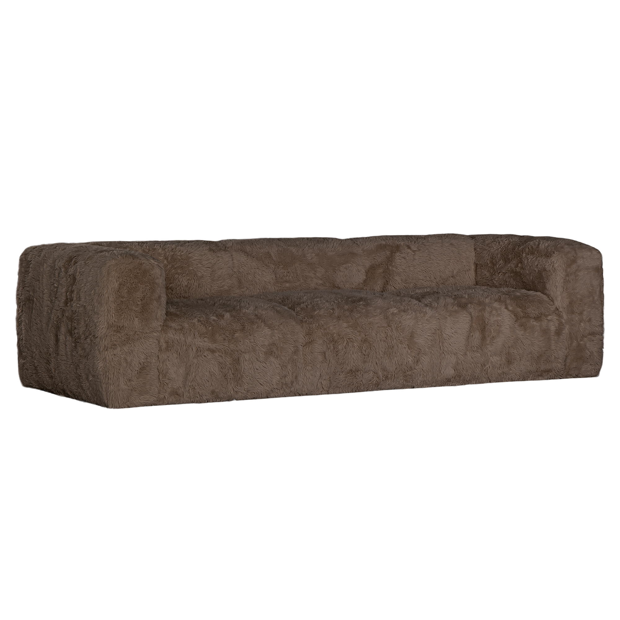 Angled view of the Harlow three seater sofa upholstered in chocolate faux fur featuring rounded arms, deep cushioned seating and a contemporary low profile design.