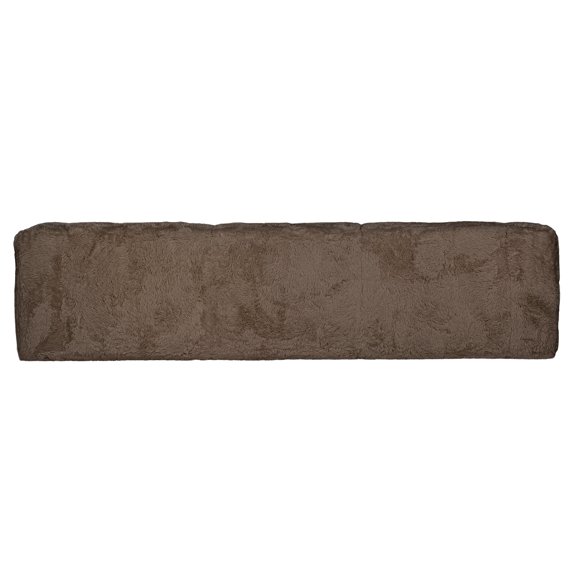 Back view of the Harlow three seater sofa upholstered in chocolate faux fur showcasing the fully finished rear, seamless upholstery and softly rounded contemporary silhouette.