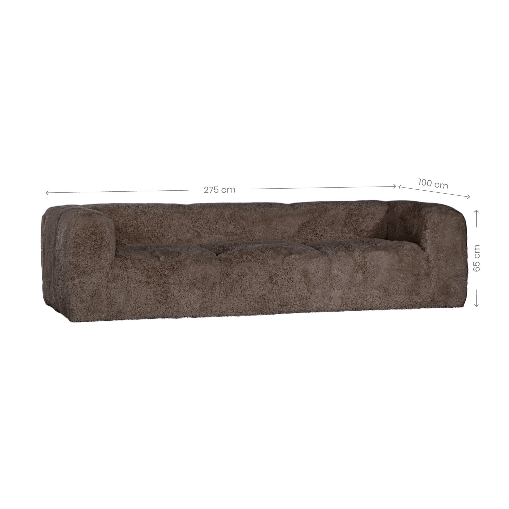 Dimension guide for the Harlow three seater sofa in chocolate faux fur showing the overall width, depth and height.