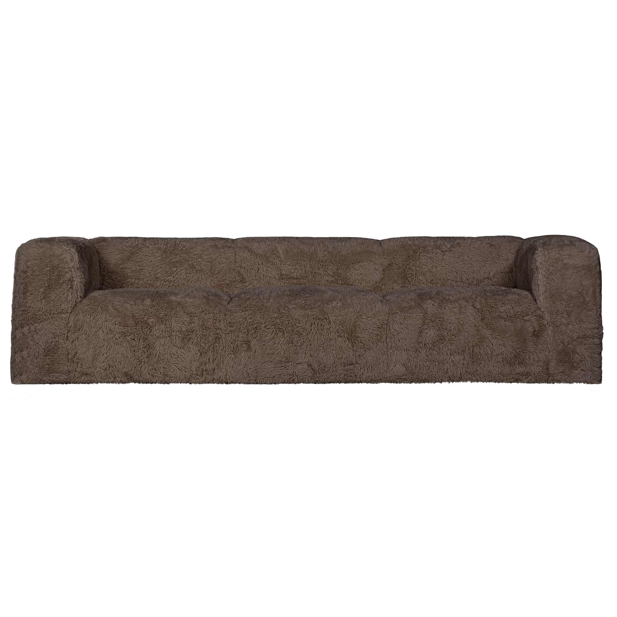 Front view of the Harlow three seater sofa upholstered in chocolate faux fur featuring rounded arms, generous seat cushions and a contemporary low profile silhouette.