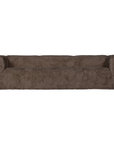 Front view of the Harlow three seater sofa upholstered in chocolate faux fur featuring rounded arms, generous seat cushions and a contemporary low profile silhouette.