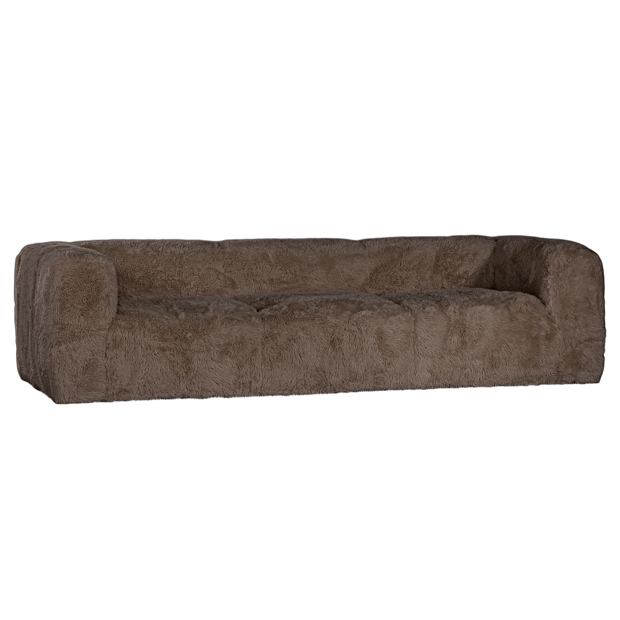Perspective view of the Harlow three seater sofa upholstered in chocolate faux fur with oversized cushions, rounded arms and a low profile silhouette.