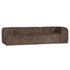 Perspective view of the Harlow three seater sofa upholstered in chocolate faux fur with oversized cushions, rounded arms and a low profile silhouette.