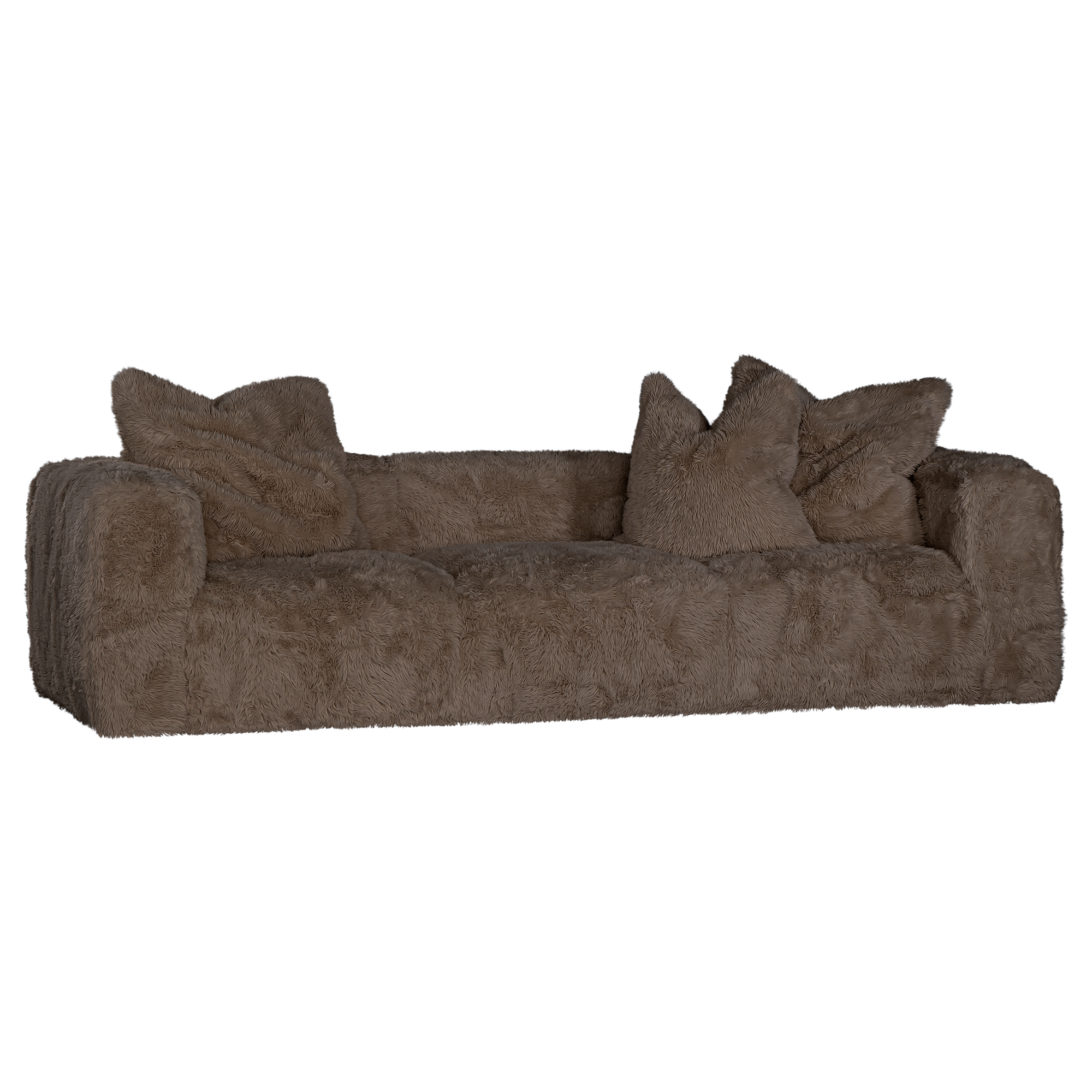 Harlow three seater sofa in chocolate faux fur styled with matching faux fur cushions showcasing its inviting comfort and relaxed contemporary design.