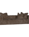 Harlow three seater sofa in chocolate faux fur styled with matching faux fur cushions showcasing its inviting comfort and relaxed contemporary design.