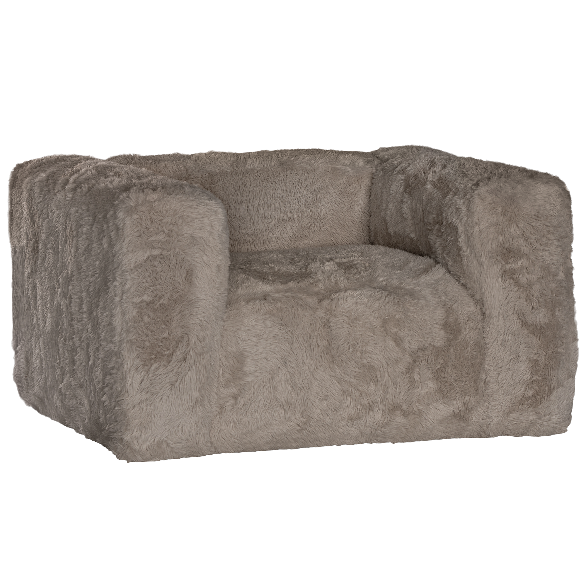 Harlow Sofa one seater upholstered in biscuit faux fur with a low profile silhouette, rounded arms and deep cushioned seating shown from an angled front view.