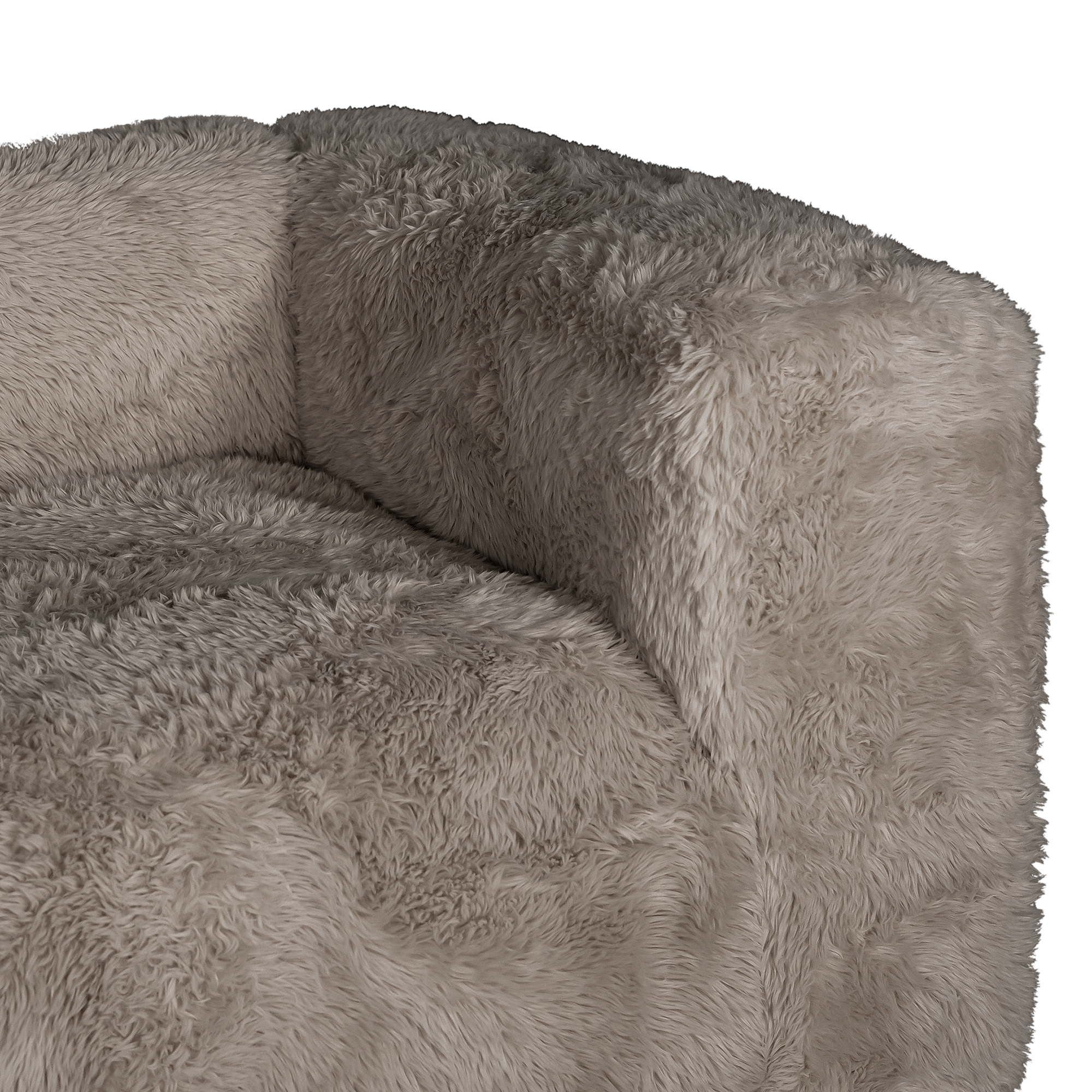 Close up detail of the Harlow Sofa one seater highlighting the rounded arm, deep seat cushion and biscuit faux fur upholstery with a soft textured finish.
