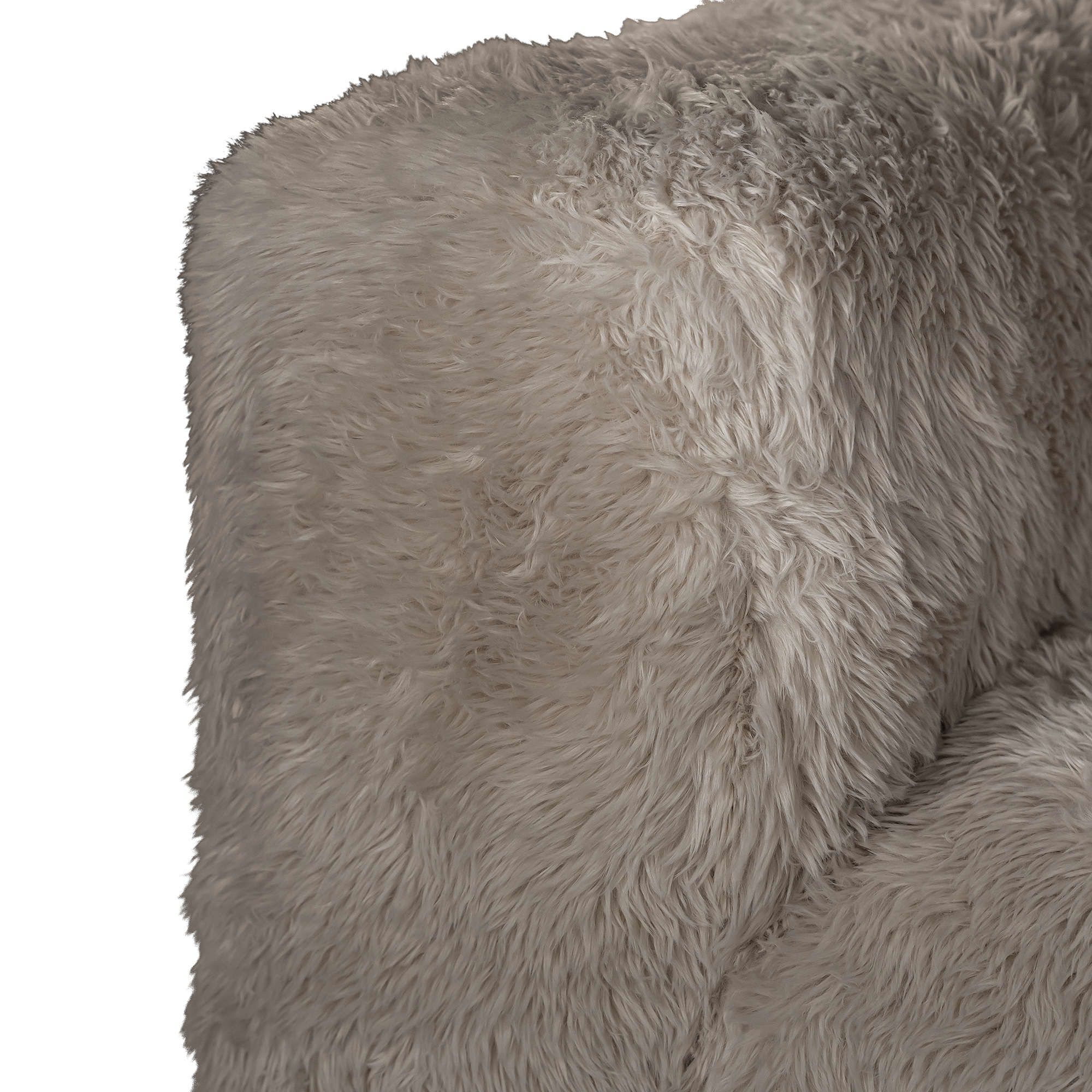 Close up detail of the Harlow Sofa one seater highlighting the rounded backrest and biscuit faux fur upholstery with a soft, tactile textured finish.