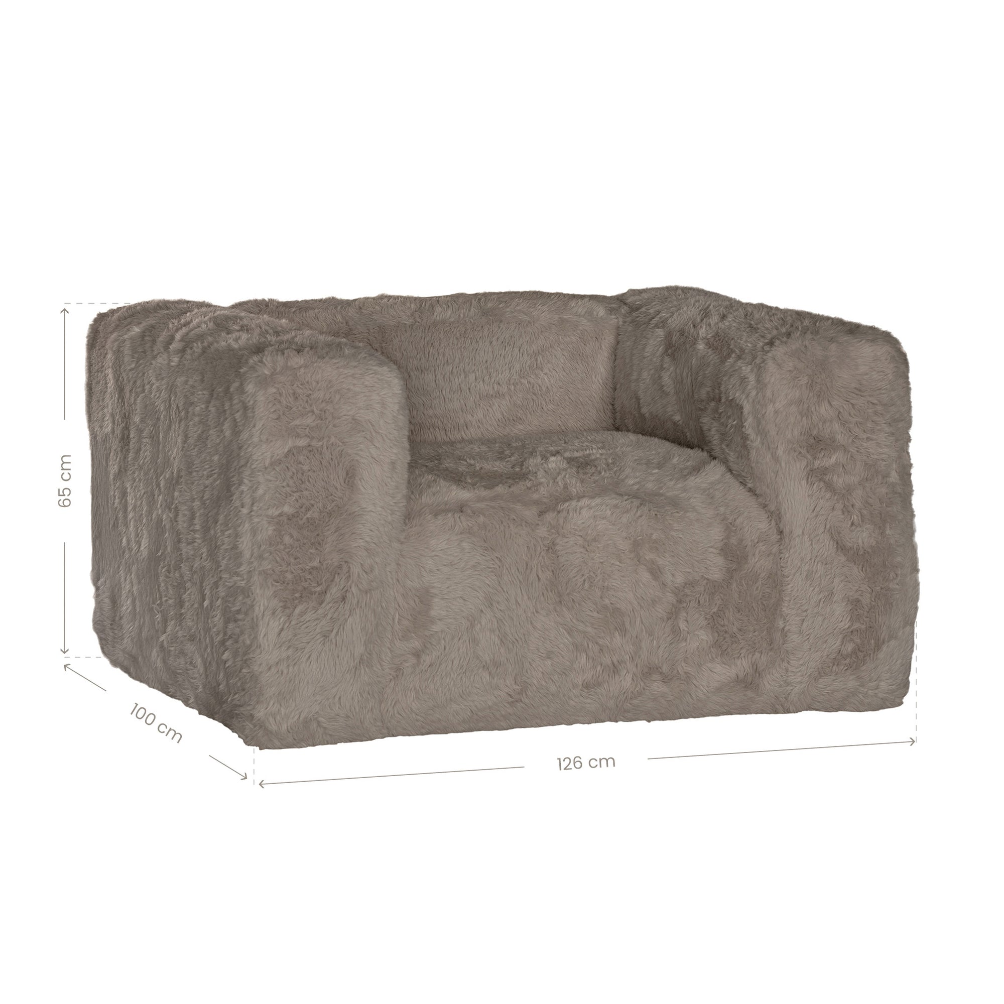Harlow Sofa one seater upholstered in biscuit faux fur with overall dimensions shown, featuring a low profile silhouette, rounded arms and deep cushioned seating.
