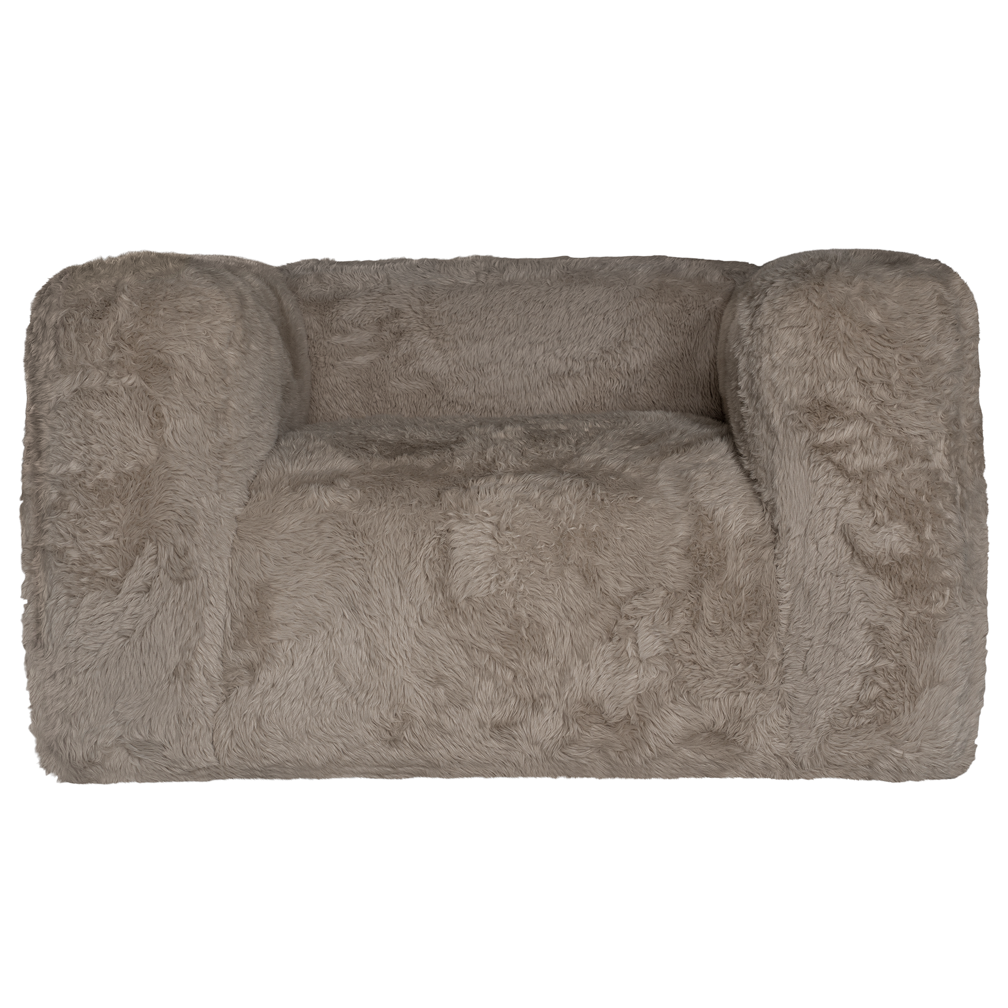 Harlow Sofa one seater upholstered in biscuit faux fur with a low profile silhouette, rounded arms and deep cushioned seating shown from the front.