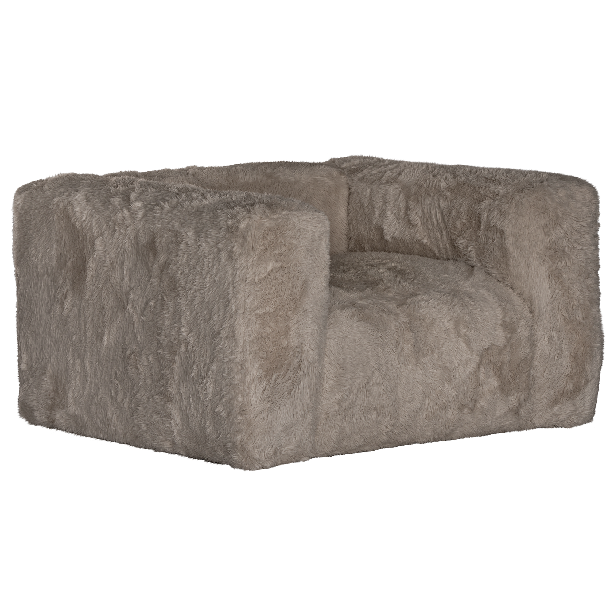 Harlow Sofa one seater upholstered in biscuit faux fur with a fully upholstered silhouette, rounded arms and soft textured finish shown from a rear angled view.