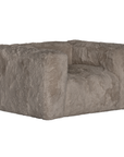 Harlow Sofa one seater upholstered in biscuit faux fur with a fully upholstered silhouette, rounded arms and soft textured finish shown from a rear angled view.