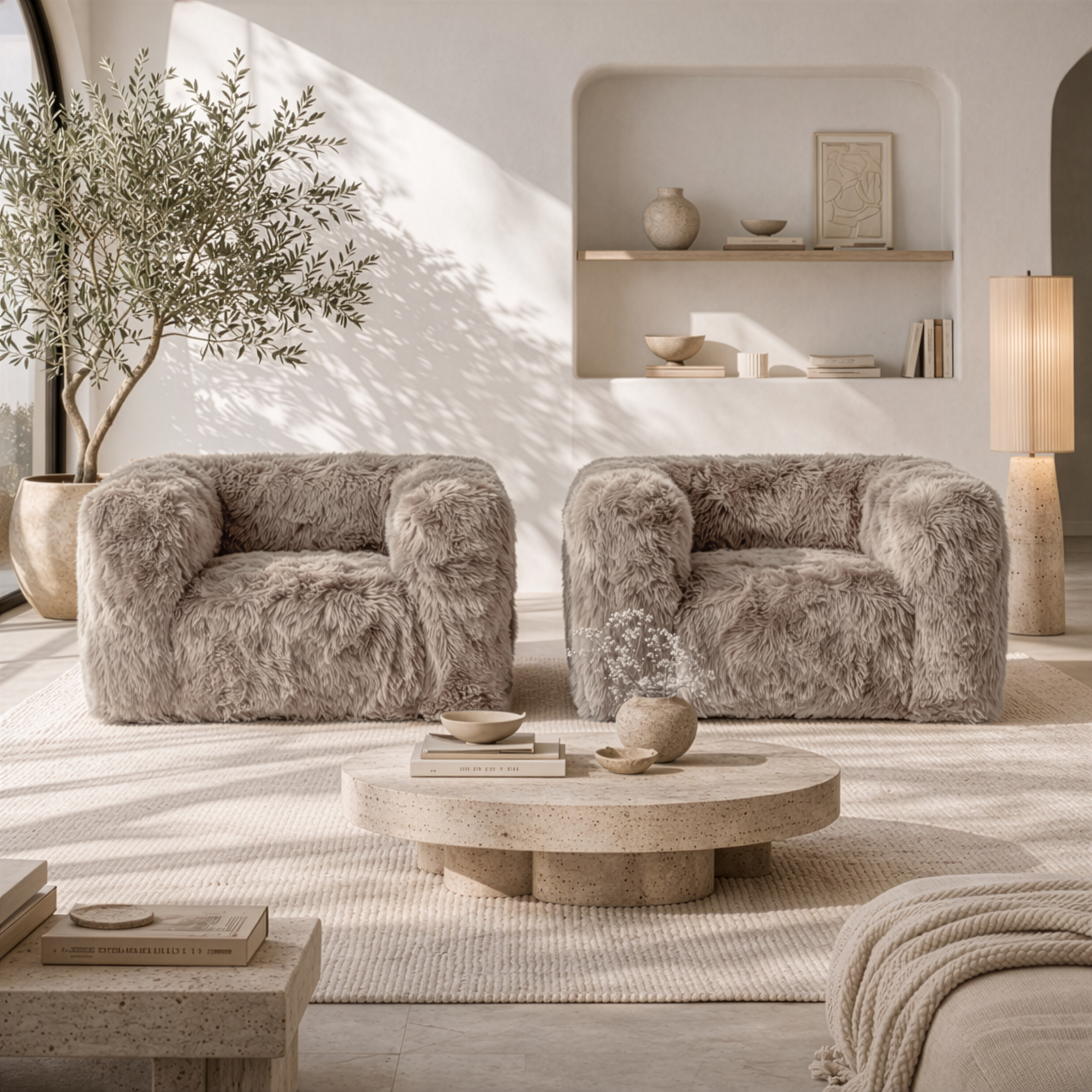 Pair of Harlow one seater sofas in Biscuit upholstered in plush faux fur, styled in a bright contemporary living room with a round stone coffee table and soft neutral décor.