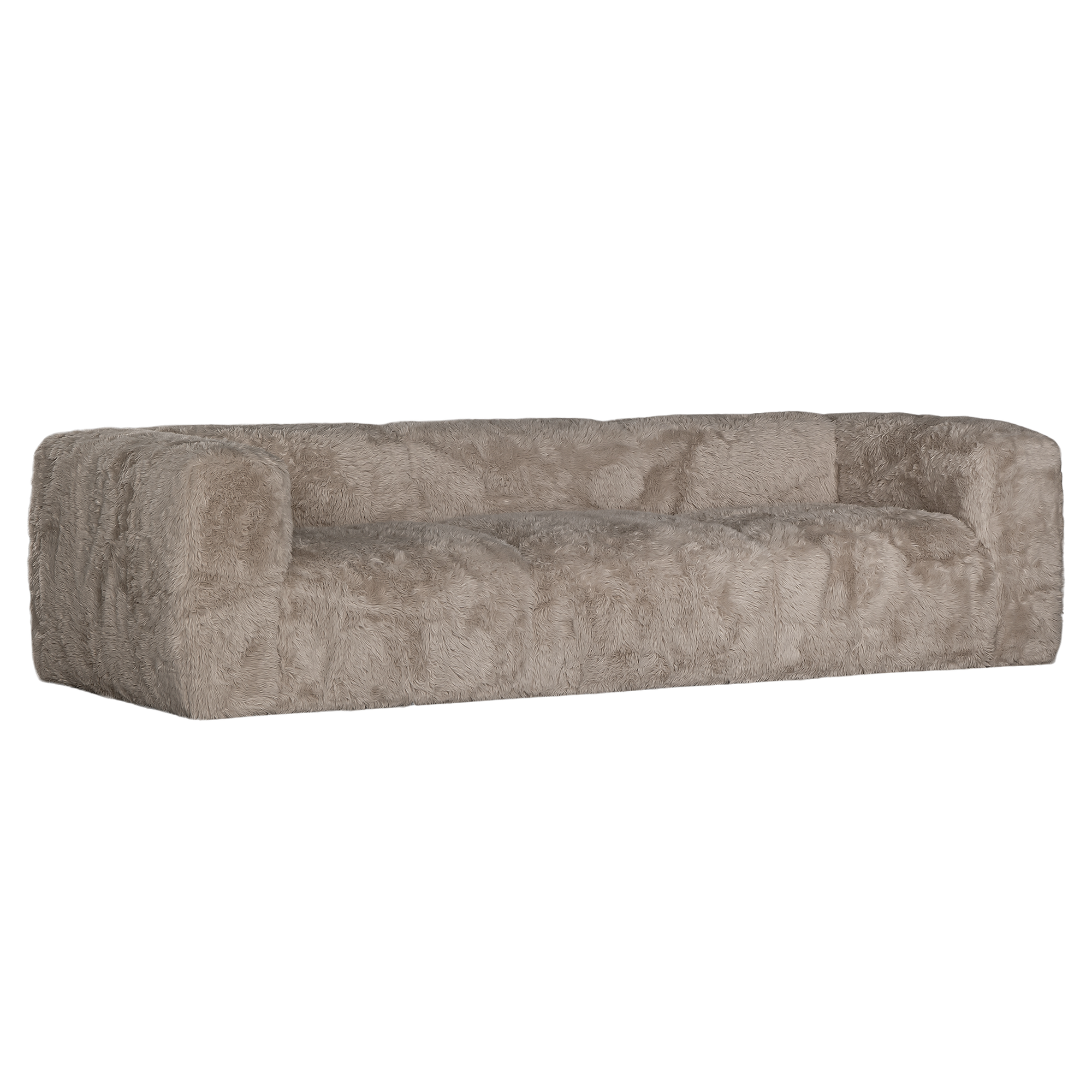 Harlow Sofa three seater upholstered in biscuit faux fur with a low profile silhouette, curved arms and deep cushioned seating shown from an angled front view.