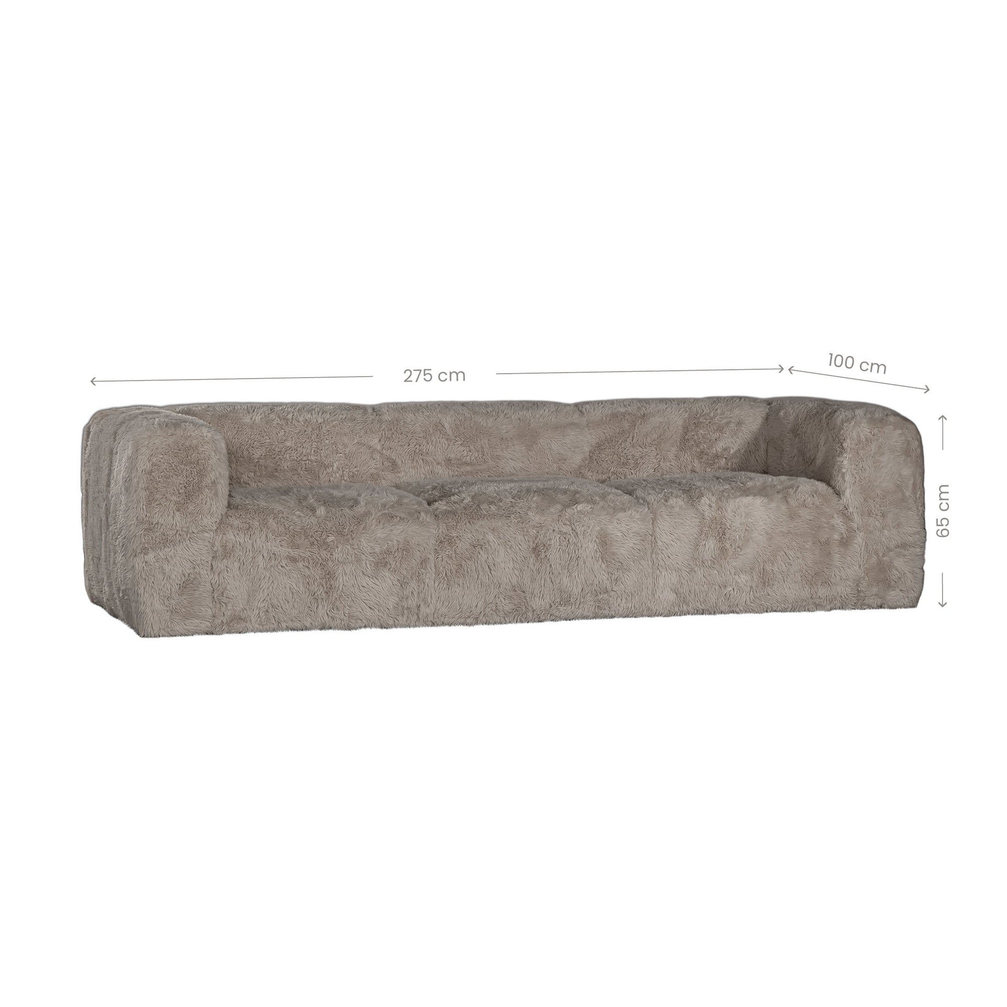 Harlow Sofa three seater upholstered in biscuit faux fur with overall dimensions shown, featuring a low profile silhouette, curved arms and deep cushioned seating.