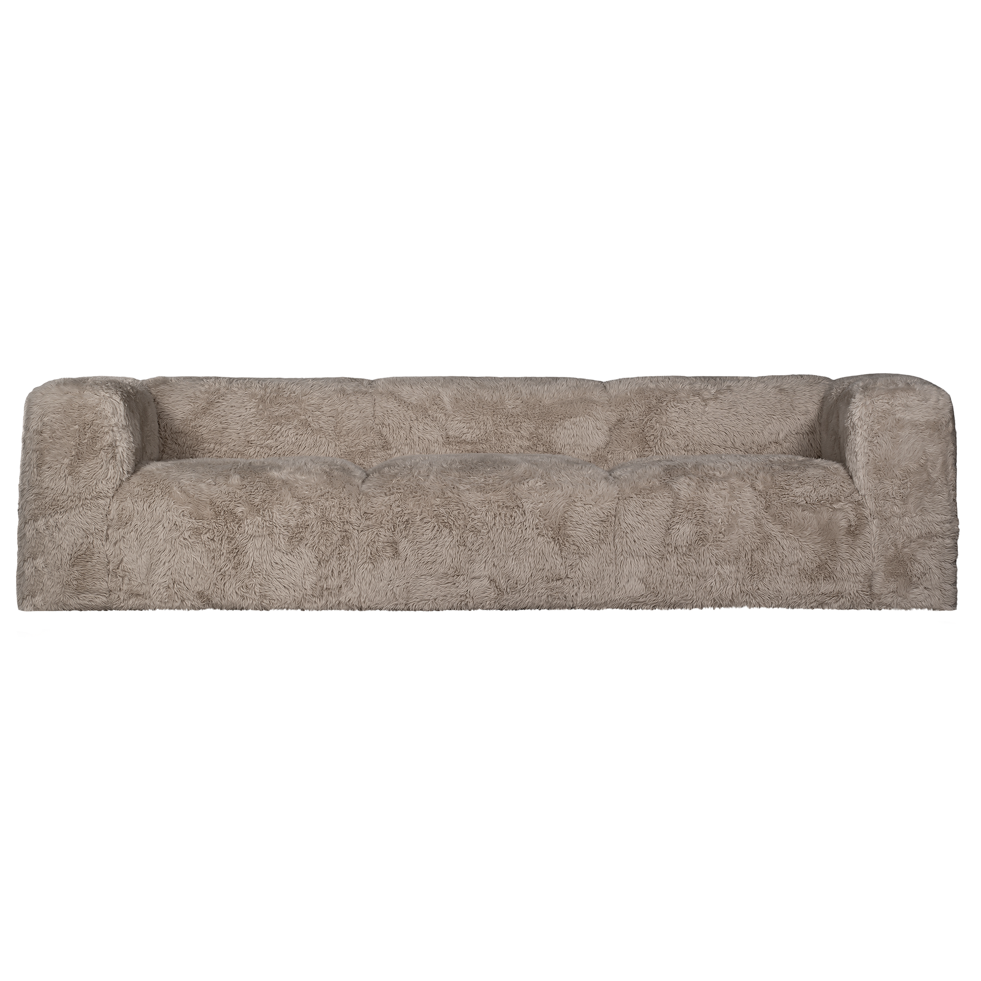 Harlow Sofa three seater upholstered in biscuit faux fur featuring a low profile silhouette, rounded arms and deep cushioned seating shown in a straight front elevation.