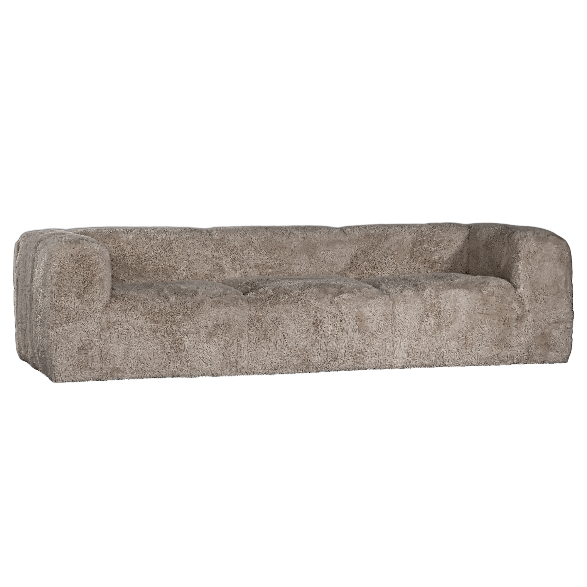 Harlow Sofa three seater upholstered in biscuit faux fur with a low profile silhouette, generous curved arms and deep cushioned seating shown from the front.