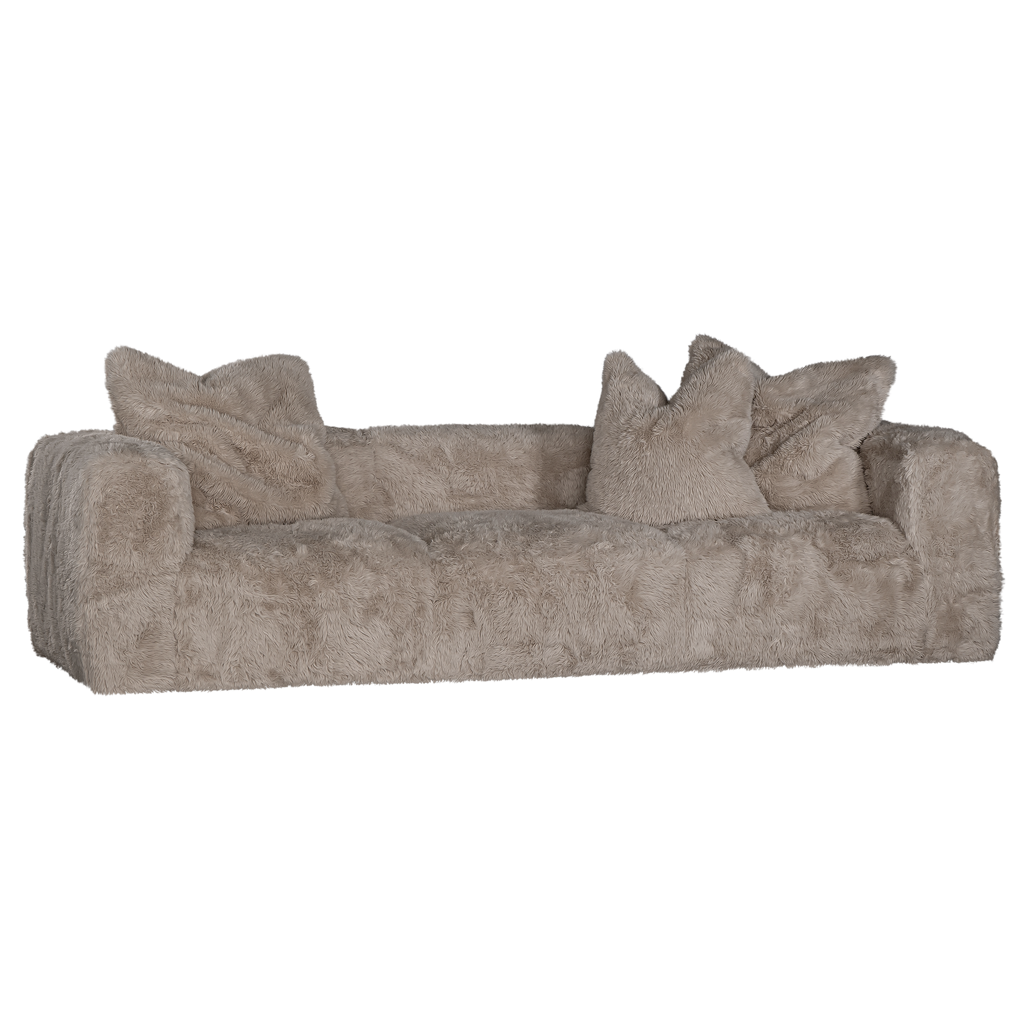 Harlow Sofa three seater upholstered in biscuit faux fur styled with matching faux fur cushions, featuring a low profile silhouette, curved arms and deep cushioned seating.