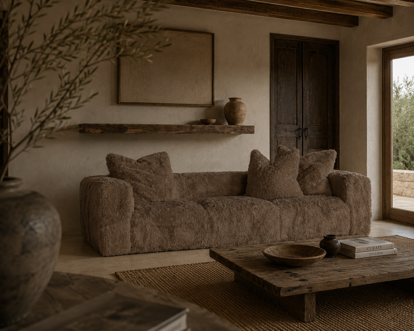 Harlow three seater sofa in chocolate with a plush textured finish styled in a warm Mediterranean inspired living room with rustic timber accents.