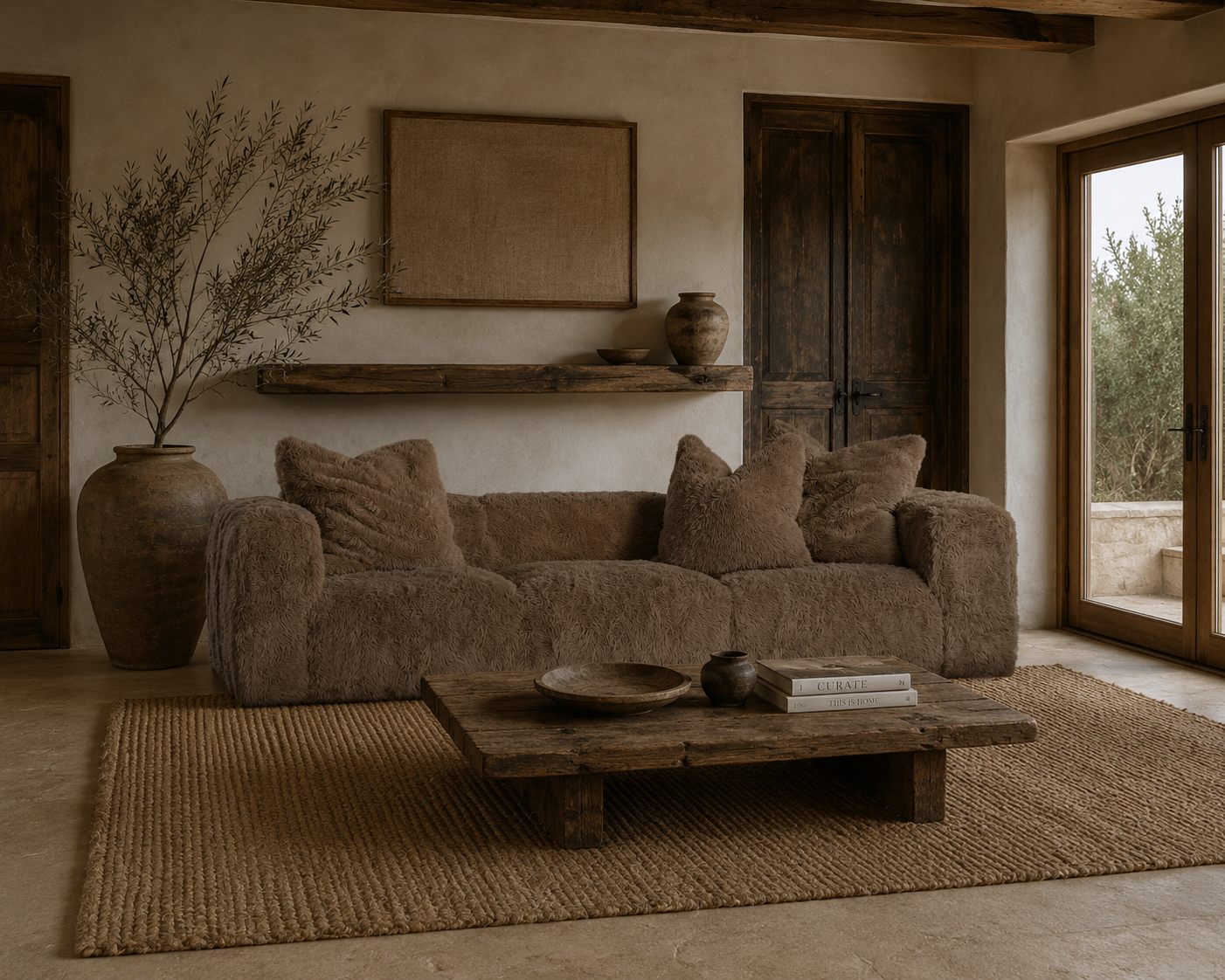 Harlow three seater sofa in chocolate with a plush textured finish styled in a warm Mediterranean inspired living room with rustic timber furniture and soft natural light.