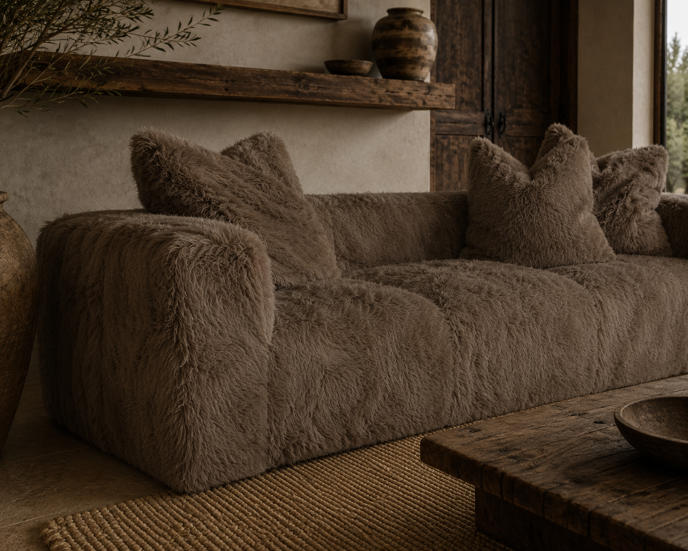 Close up of the Harlow three seater sofa in chocolate showcasing its plush textured upholstery in a warm Mediterranean inspired living room.