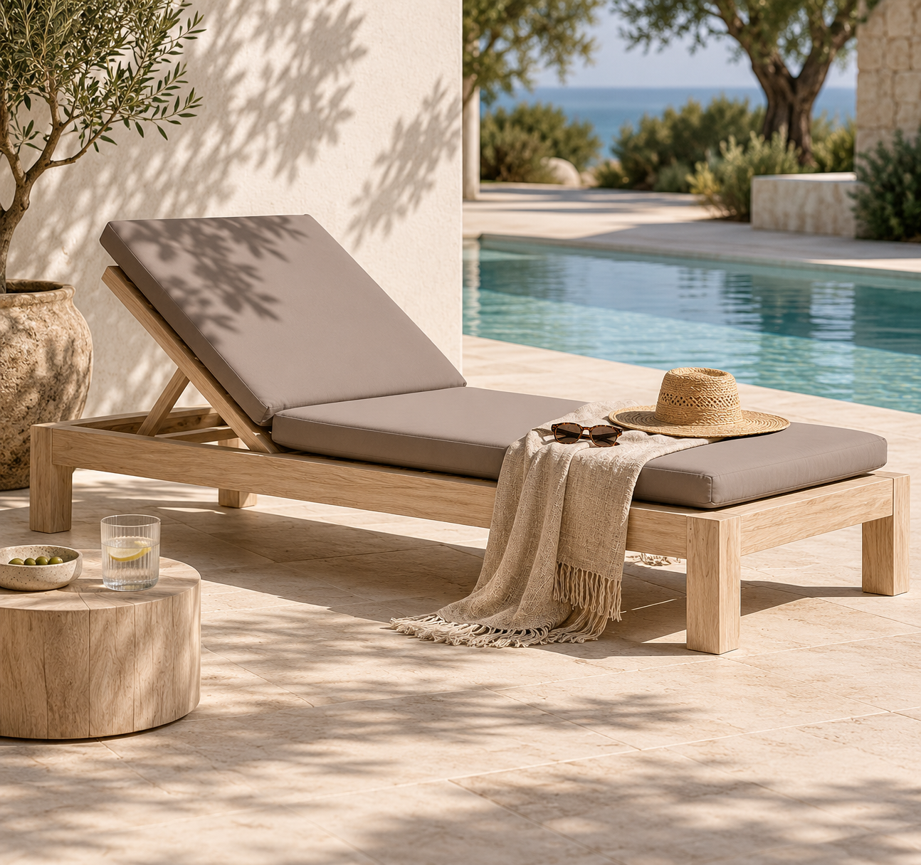Harper sun lounger in taupe with an adjustable backrest beside a swimming pool in a relaxed Mediterranean style outdoor setting.