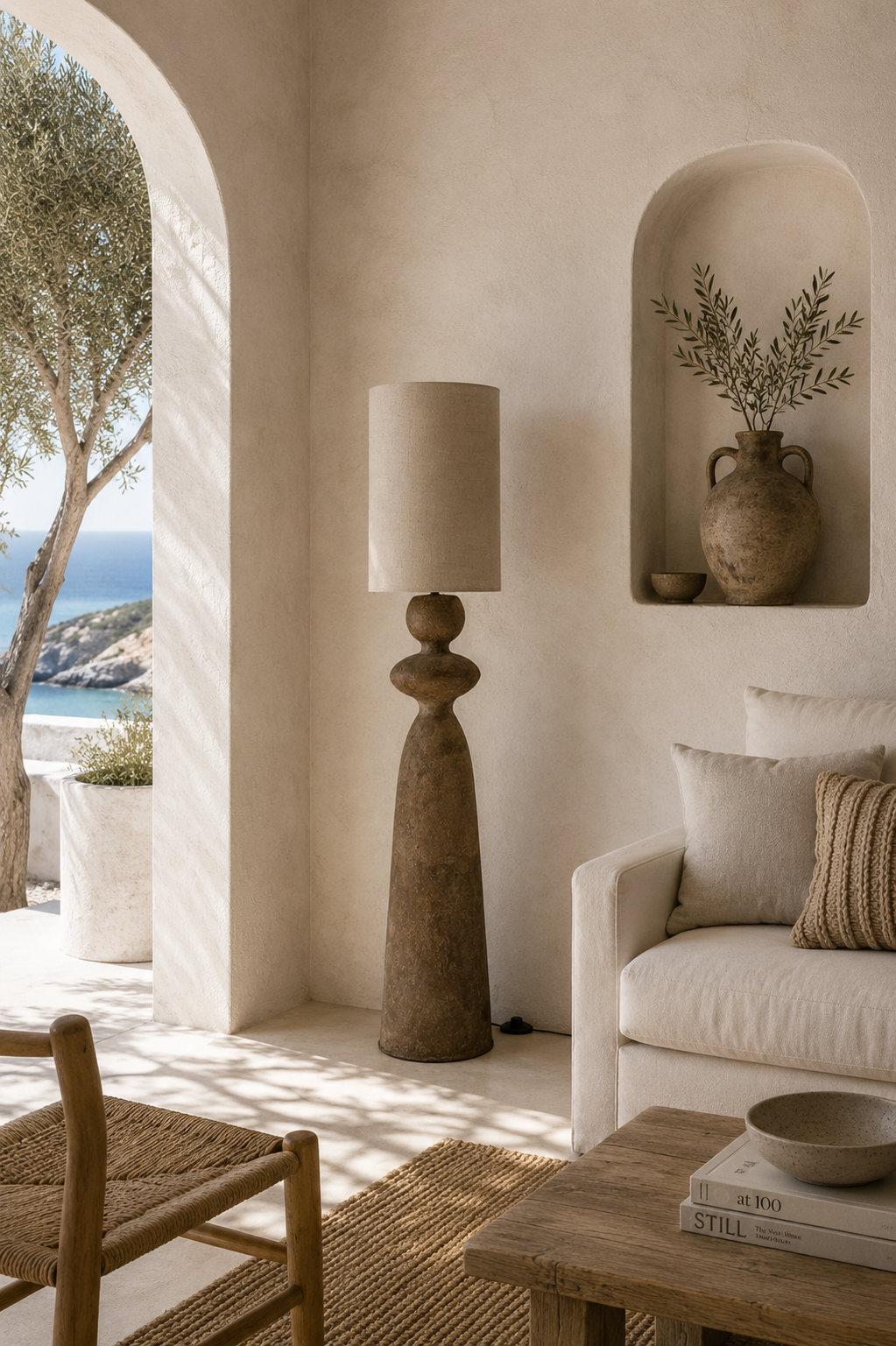 Jaala floor lamp natural fabric shade styled beside a sofa in a warm Mediterranean inspired living room.