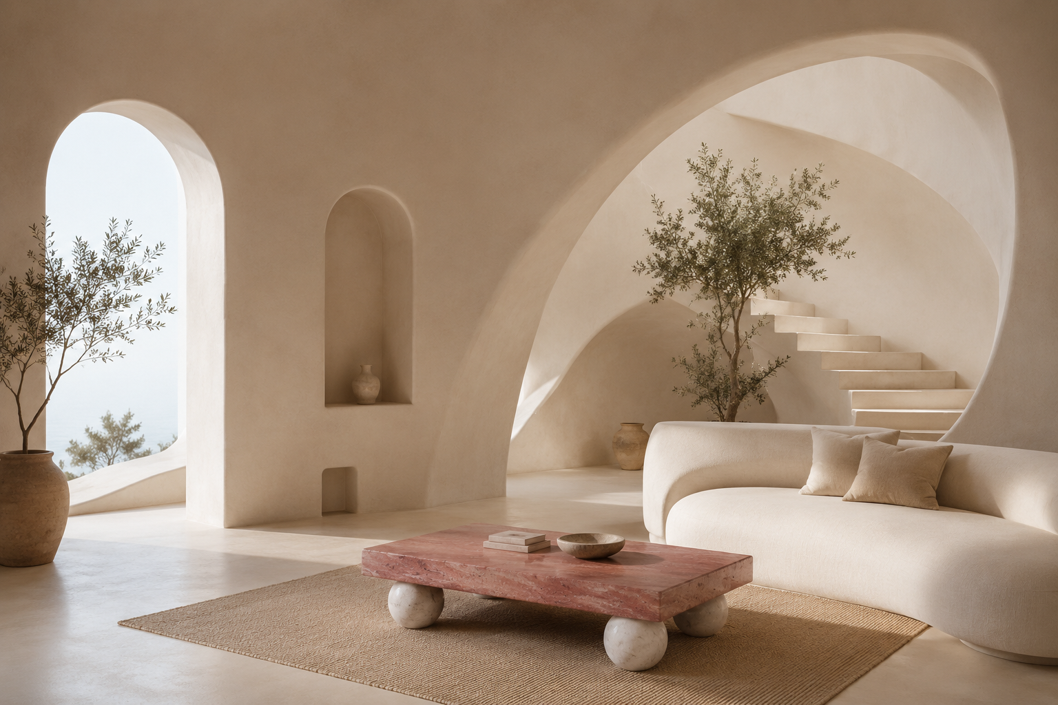 Jewel coffee table with a warm stone top and sculptural travertine sphere legs styled in a serene Mediterranean inspired living room with a curved sofa and arched architecture.