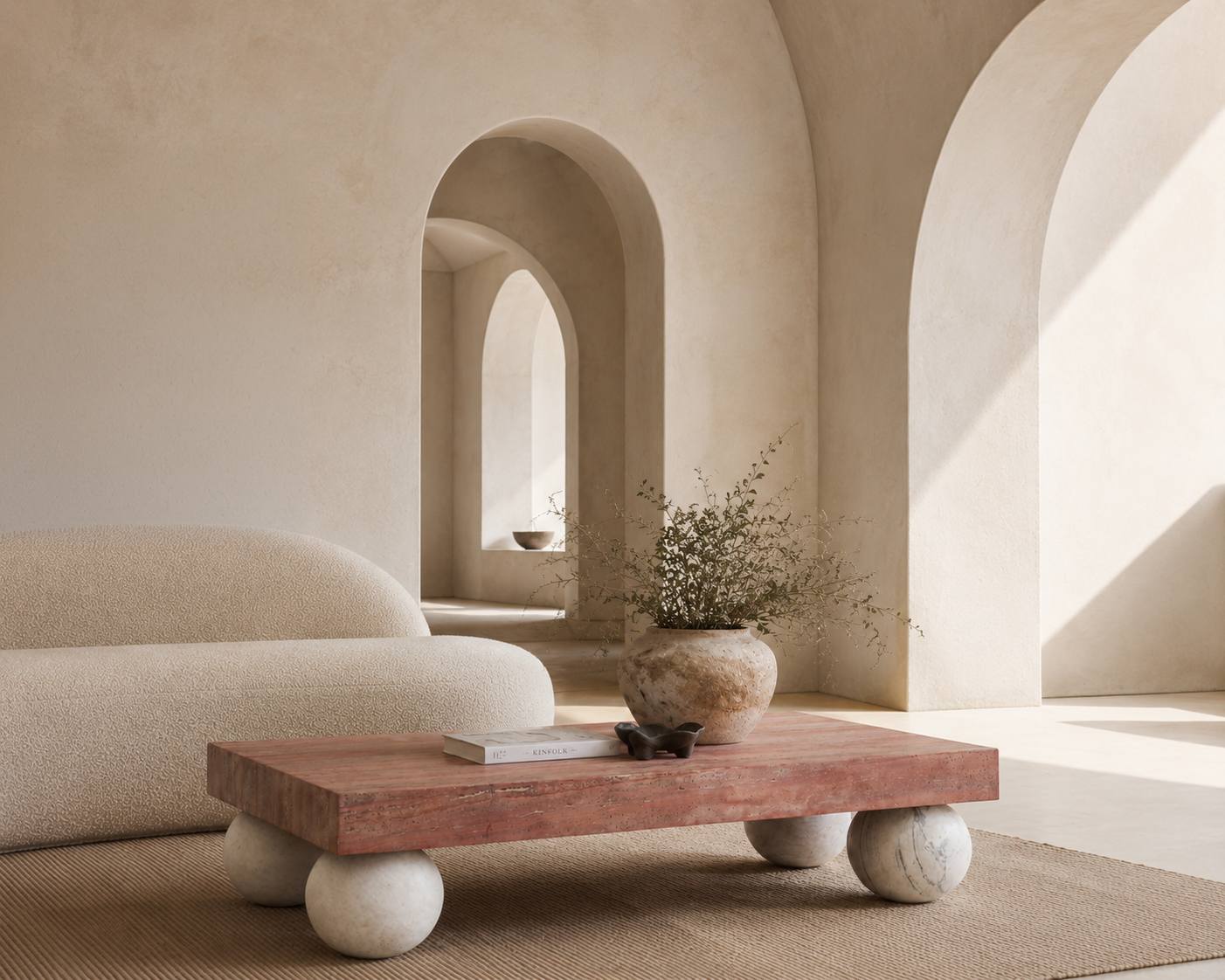 Jewel coffee table with a warm stone top and sculptural travertine sphere legs styled in a light filled Mediterranean inspired living room.