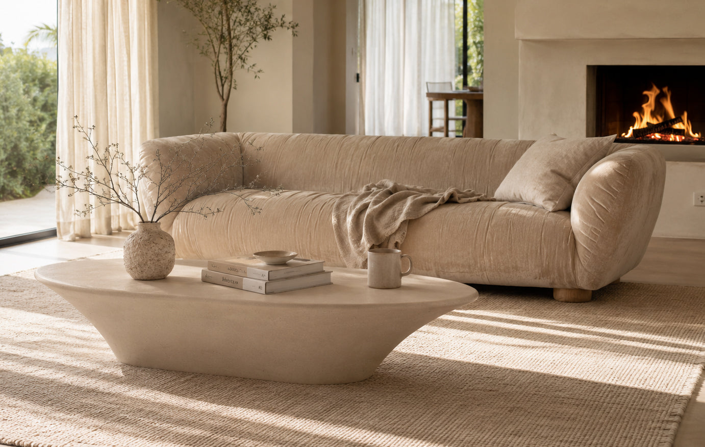 Kaara Coffee Table with a sculptural organic silhouette, styled in a warm living room with a curved sofa, fireplace and soft natural light.